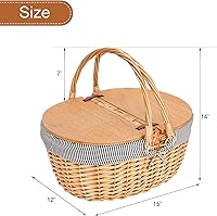 Vista 7 de Cesta de picnic de mimbre con forro, cesta de picnic de madera con tapa dividida, canasta de picnic de estilo vintage con asa tejida plegable