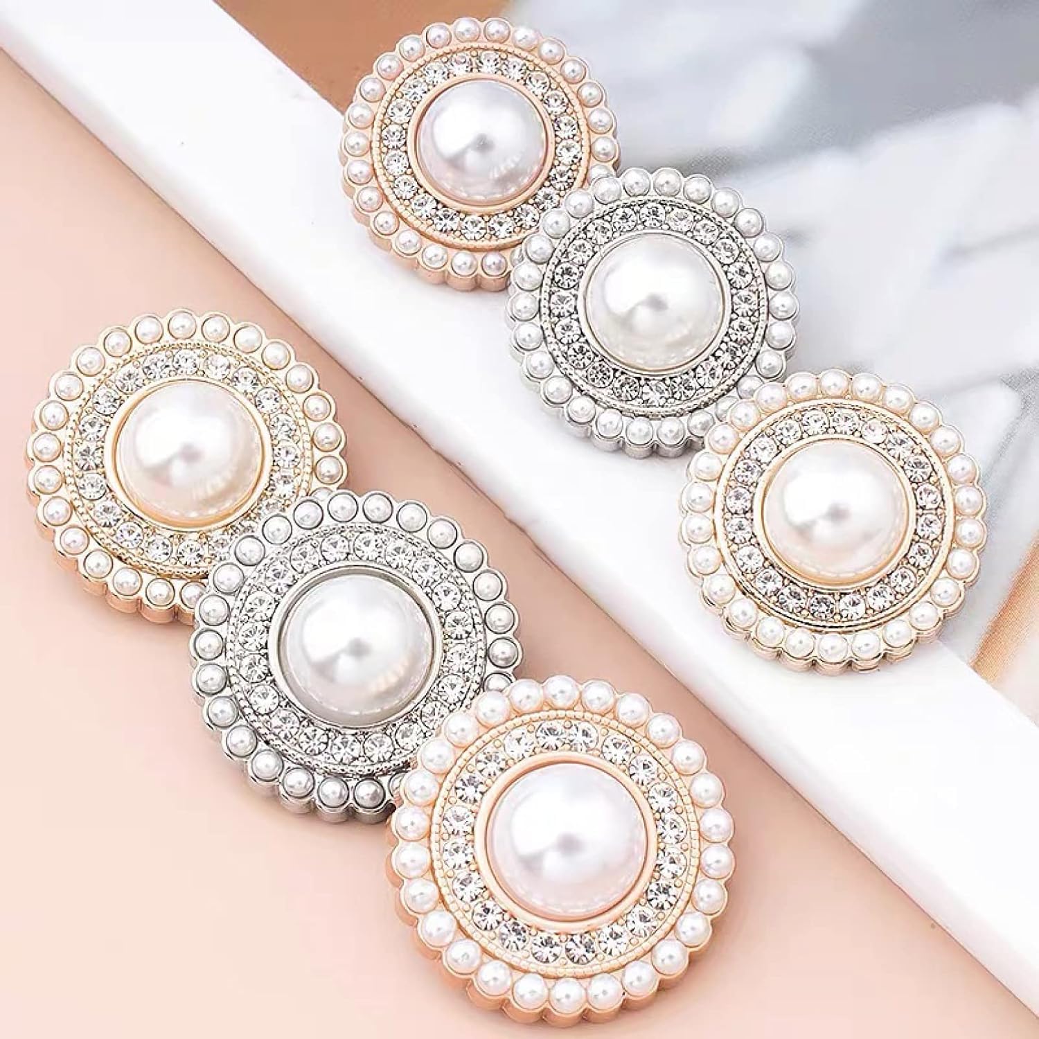 Przyciski do szycia， Guziki, guziki, ręcznie robione 5 sztuk do szycia perłowych guzików do odzieży DIY akcesoria ręczne Rhinestone(Silver,0.79in)