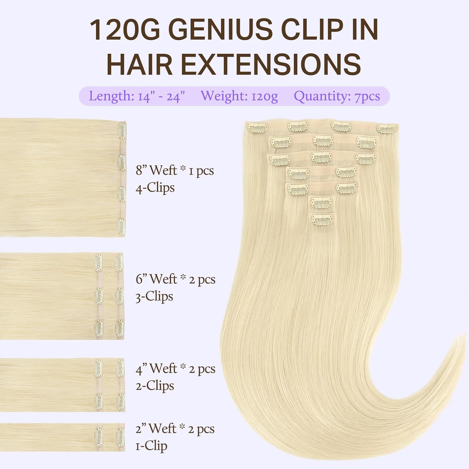 DOORES Genius Seamless Clip in Hair Extensions, Platinum Blonde 18 Inch 7pcs 120g, Human Hair Extensions Seamless Clip ins Weft Straight Hair Invisi Edge Weft