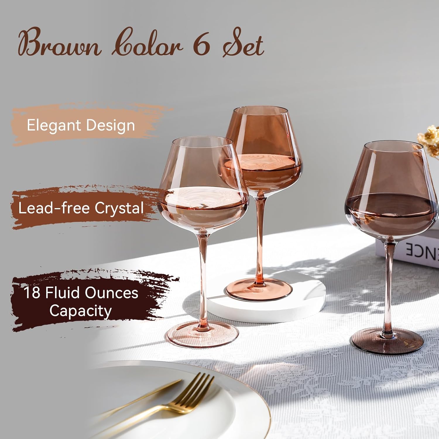 Physkoa Venus Wine Glasses Set of 6-18oz Hand Blown Amber Wine Glass with Stem, Unique Melanin Colored Wine Glasses, 2025 Mocha Mousse-Inspired Colors Glassware for Home Decor & Gifts - Image 2