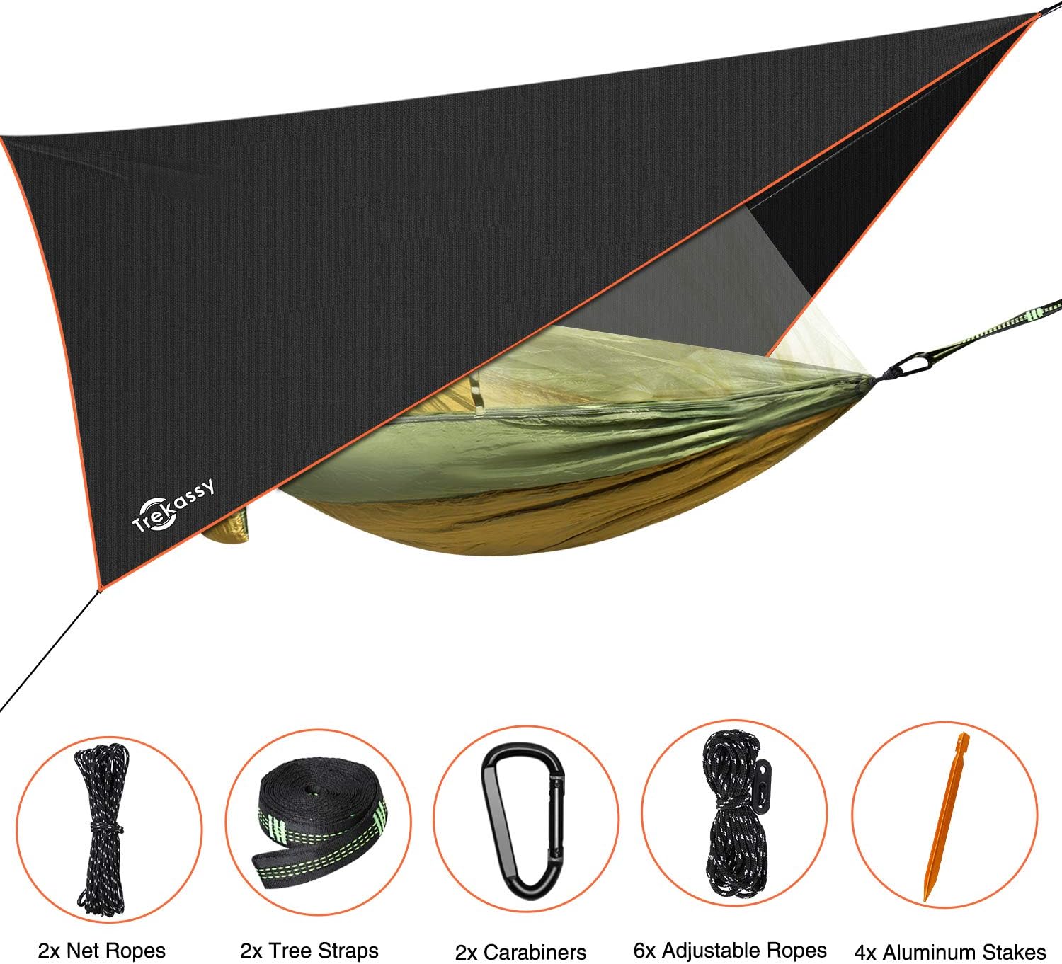 Trekassy 118”x 78” Portable Double Camping Hammock with Removable Mosquito Bug Net, Rain Fly and Tree Straps for Indoor, Outdoor, Backpacking, Travel, Beach, Hiking