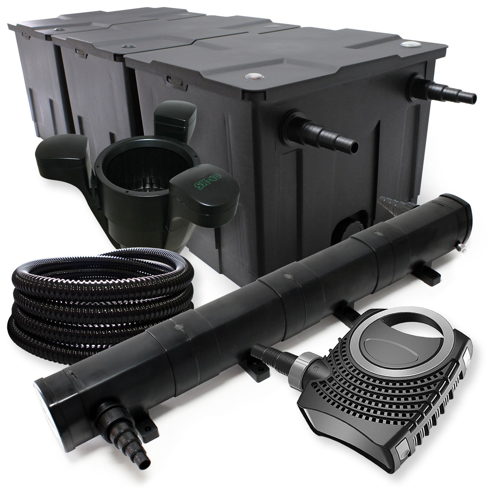 Set filtrante Filtro bio laghetto 90000l con Chiarificatore UVC 72W, Pompa 80W, Tubo 25m e Skimmer