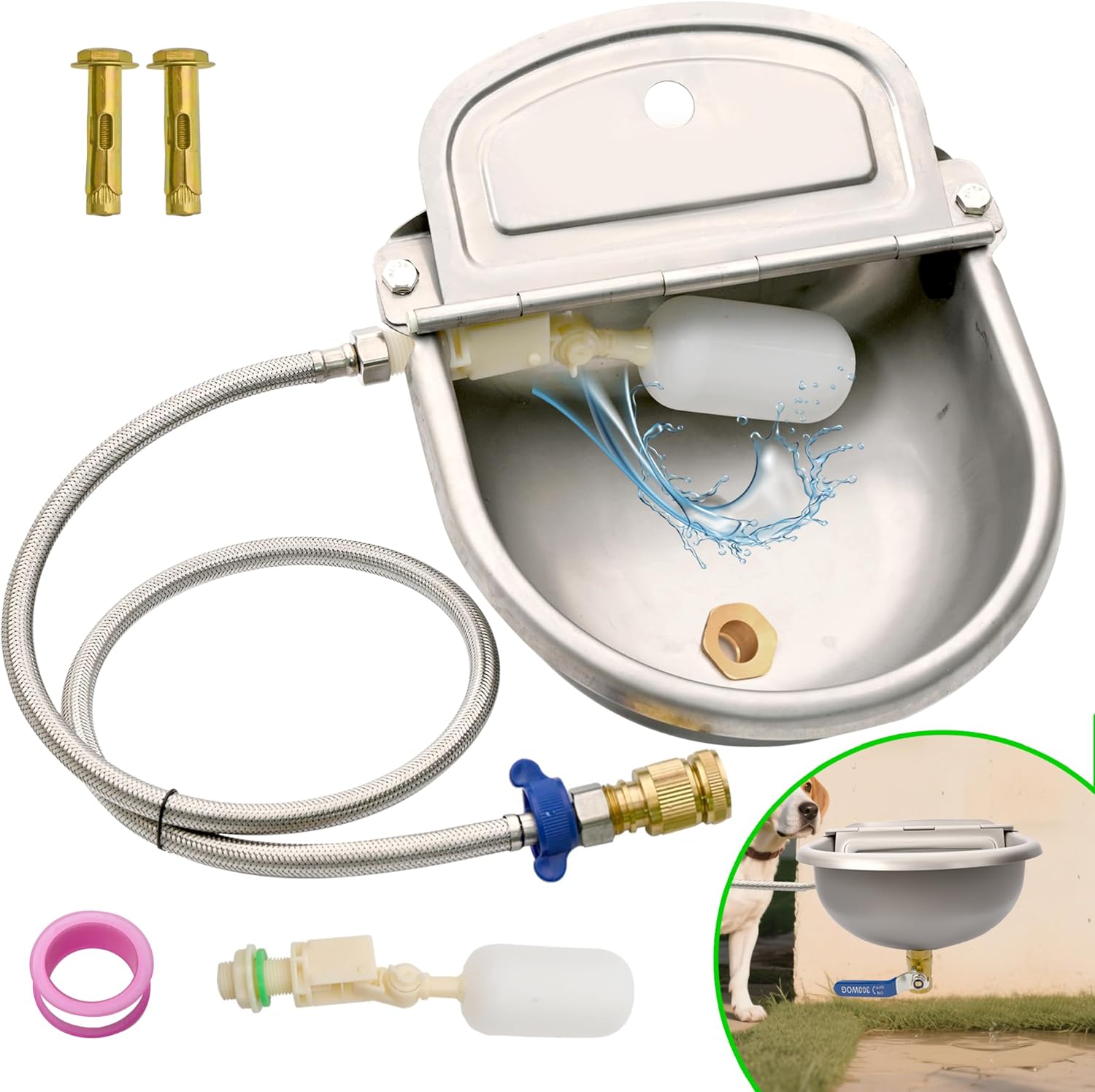 Computerized Canine Water Dispenser 1 Gallon, with Drainage System & Auto Refill, 304 Stainless Metal Waterer, Consists of Drain Valve, 2 Float Valve, Hose Fast Connector, for Horse, Hen
