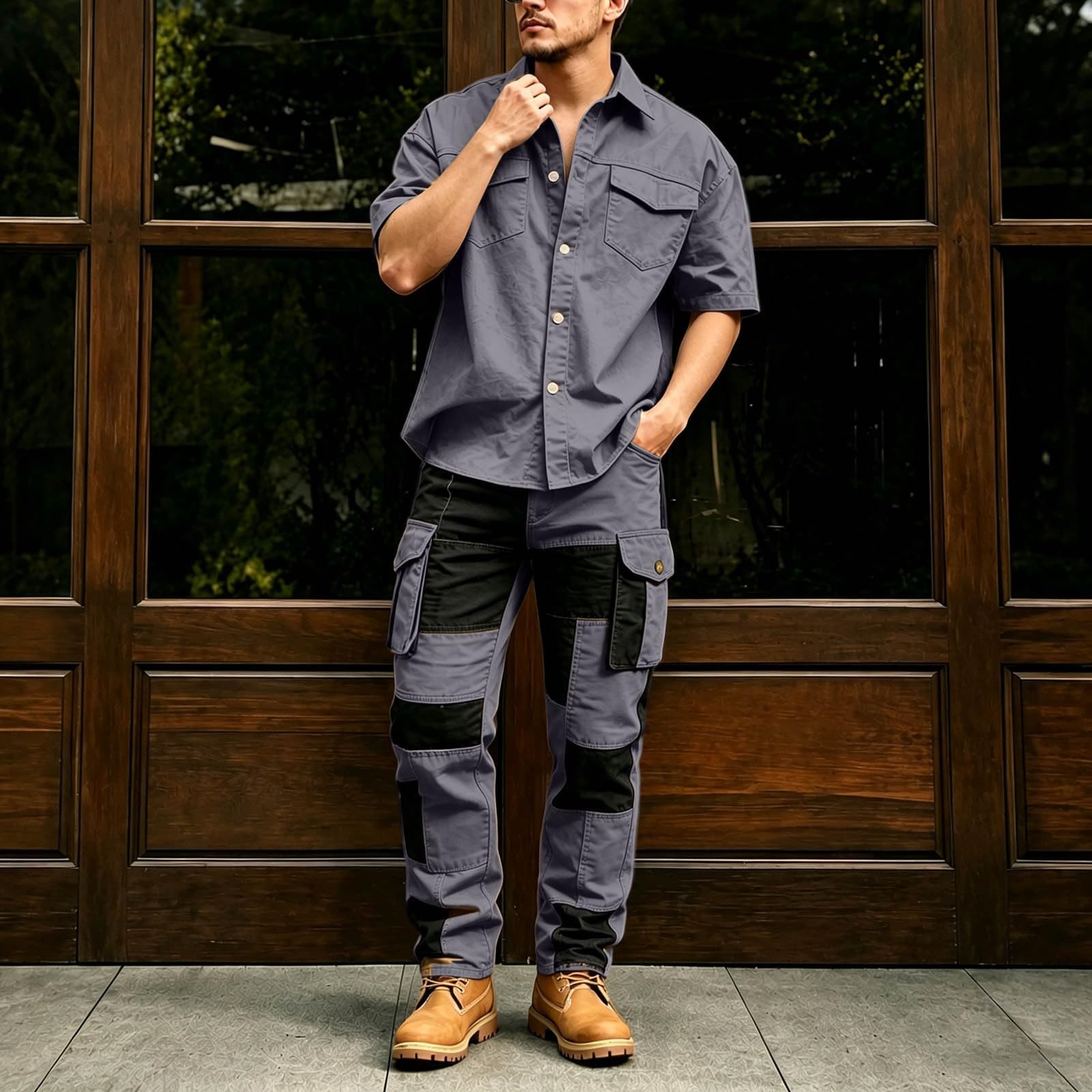 Conjunto de Dos Piezas para Hombre, Pantalones Cargo Patchwork y Camisa con Bolsillo, Estilo Casual de Negocios, Traje Moderno y Funcional