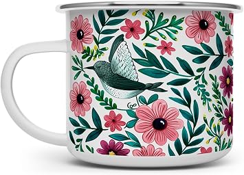 Loftipop Floral Hummingbird Enamel Camping Coffee Mug, Nature Flowers Botanical Garden Gift Cup for Friend Coworker Women Mom 16oz