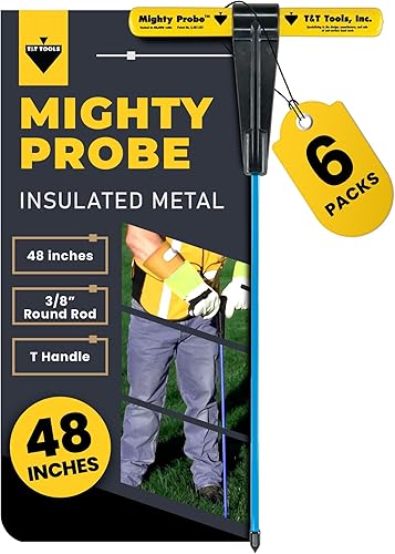 T&T Tools Mighty Probe - Sonda de suelo de metal aislada, 48 pulgadas de largo, con varilla redonda de metal de 38 pulgadas, paquete de seis