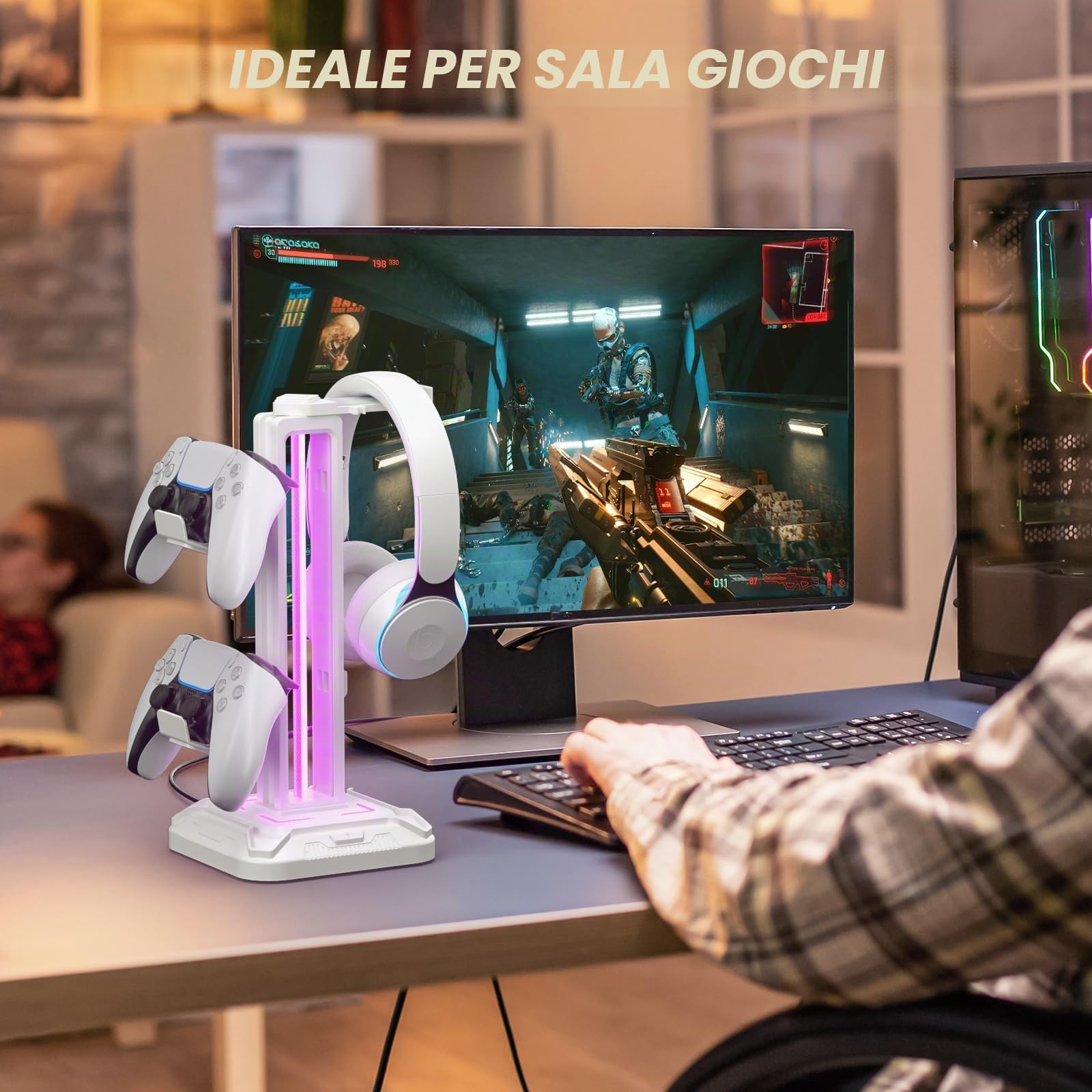 KDD Supporto Cuffie Gaming con 9 Modalità di Illuminazione - Porta Cuffie da Scrivania - Ruotabile Porta Controller & Staccabile Gancio Cuffie per Accessori Gaming Stanza PC Xbox PS5 PS4 (Bianco)