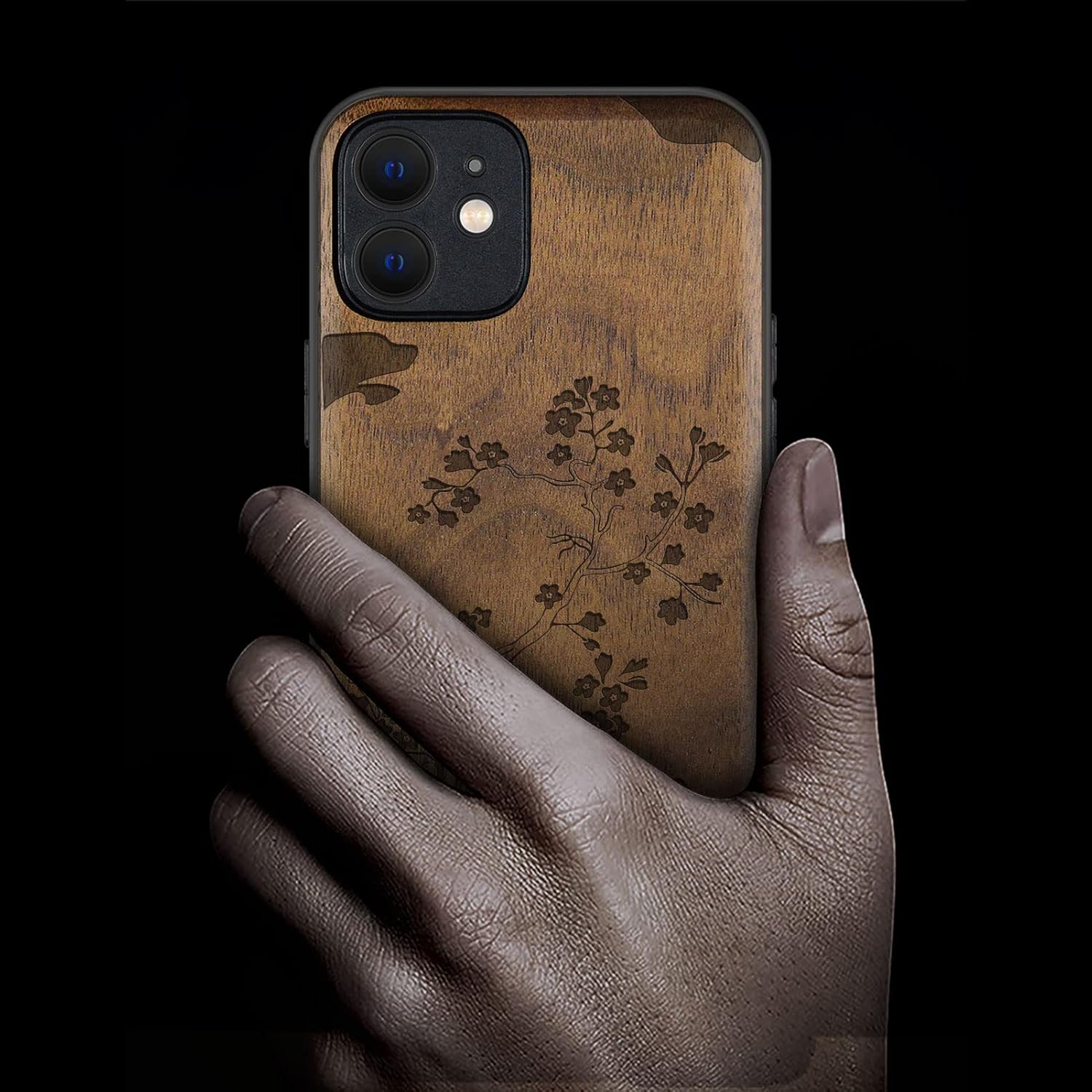 Carveit Magnetic Wood Case for iPhone 12 Case [Natural Wood & Black Soft TPU] Shockproof Protective Cover Wooden Case Compatible with MagSafe (Cherry Blossom with Mount Fuji -Walnut)