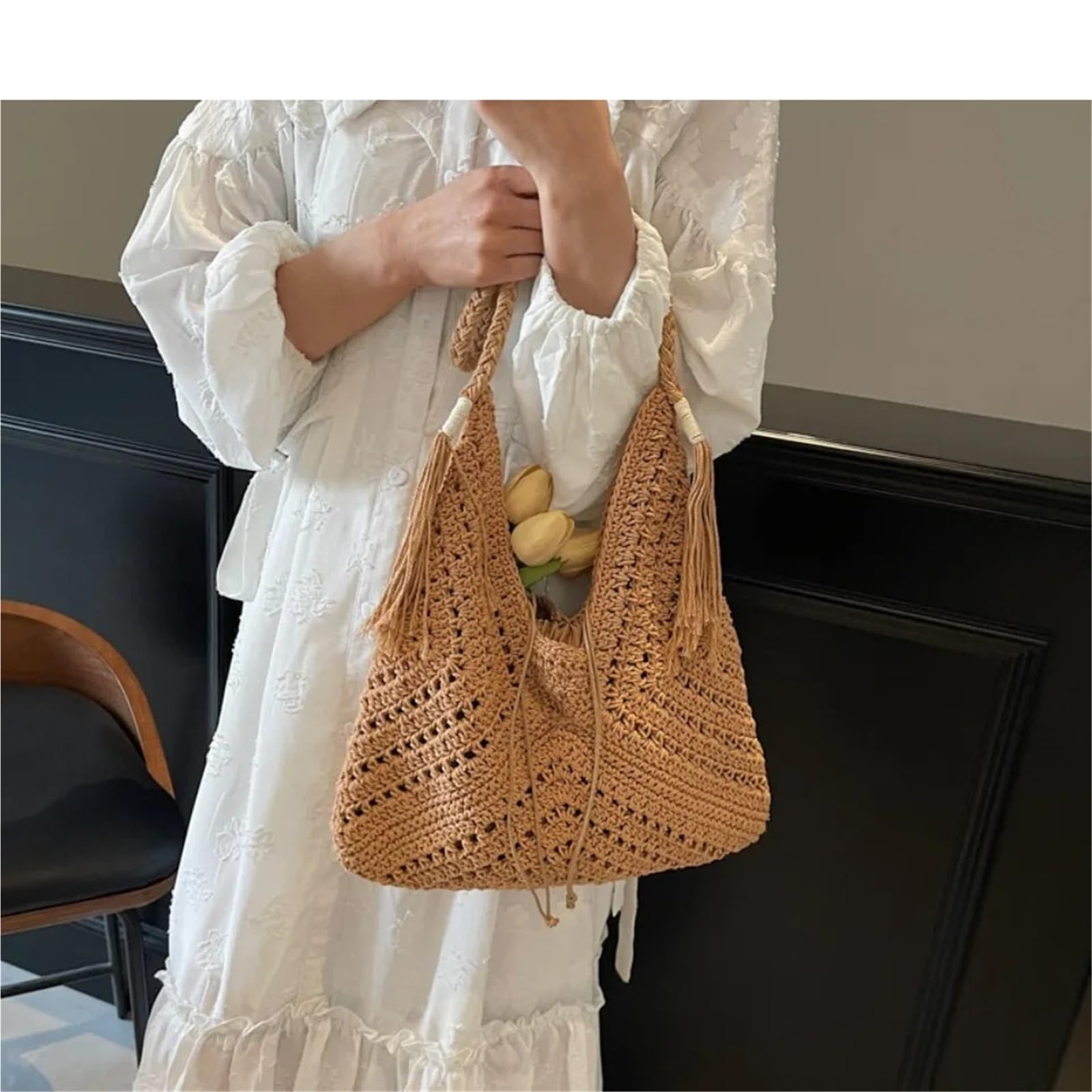 Bolsos de Paja Bolso de playa paja gran capacidad con un solo hombro for mujer, ideal for vacaciones verano en la y relajarse