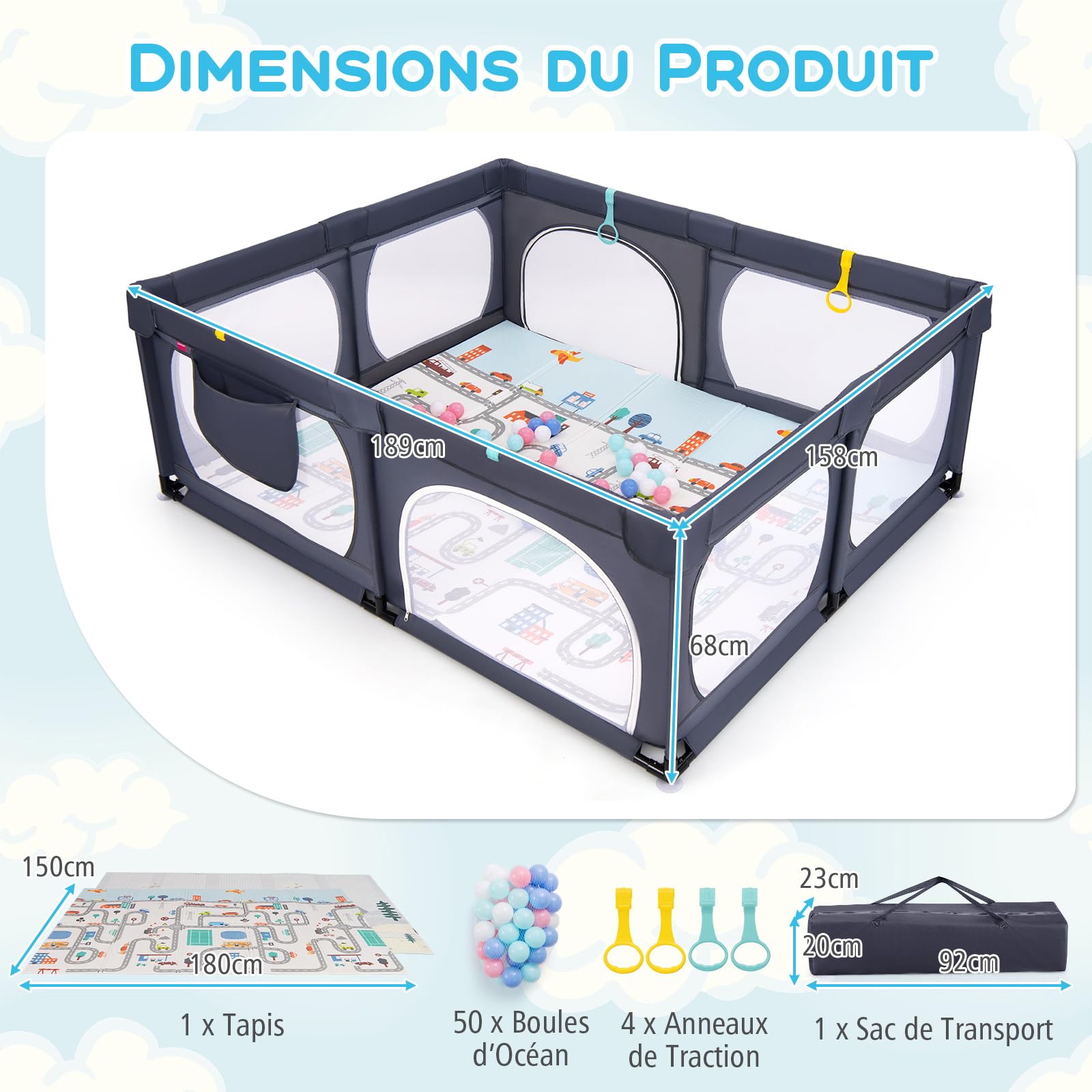 DREAMADE Parc Bébé 189x158CM en Tissu Oxford avec Tapis&Poche,Centre d'Activités Enfant avec 4 Anneaux de Traction&50 Balles&Porte Zippée,Clôture Tout-Petits 0-36Mois avec Sac de Transport(Gris Foncé)