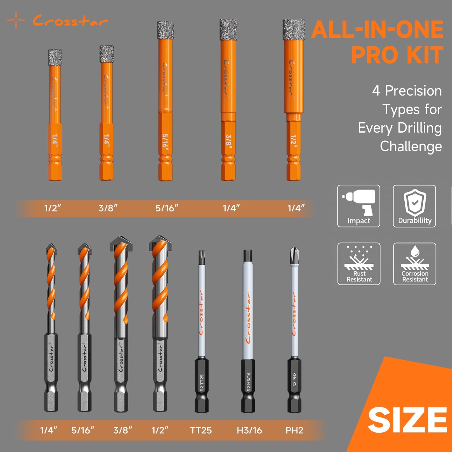 Crosstar 12PCS Diamond & Masonry Drill Bits Set - Quick Change 1/4" Hex Shank for Glass, Porcelain, Tile, Concrete (3/16" to 1/2") + Torx/Hex/Phillips Bits | All-in-One Professional Kit