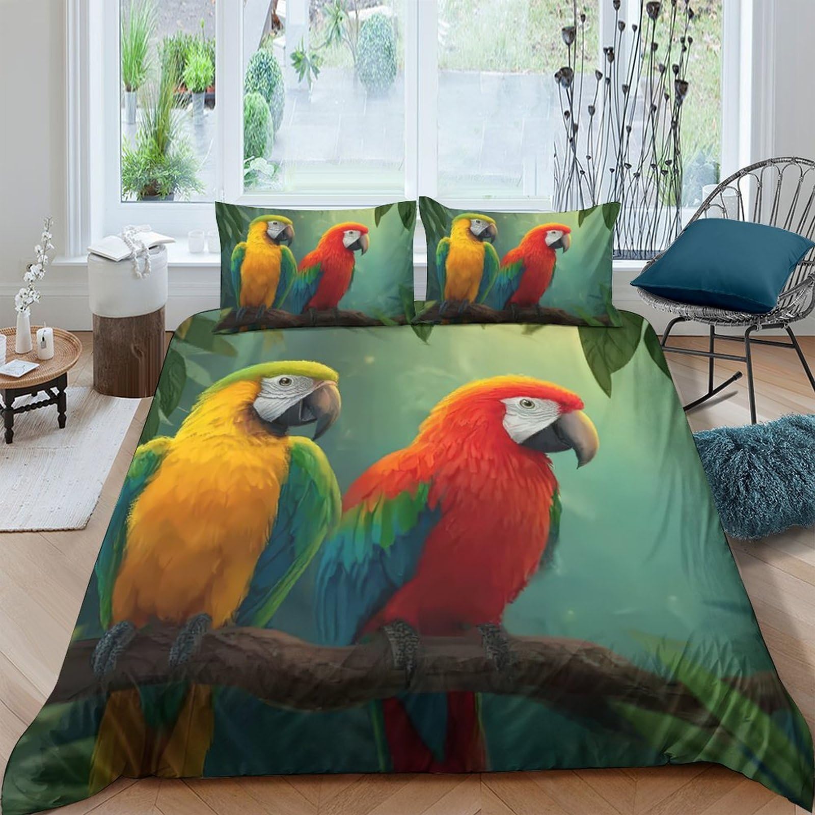 GPLZQXKJNH 3D Printed Tropical Parrot Duvet Cover Microfiber Soft Breathable Rainforest Bedding Set with 2 Pillowcases for Bedroom Decor Single（135x200cm）