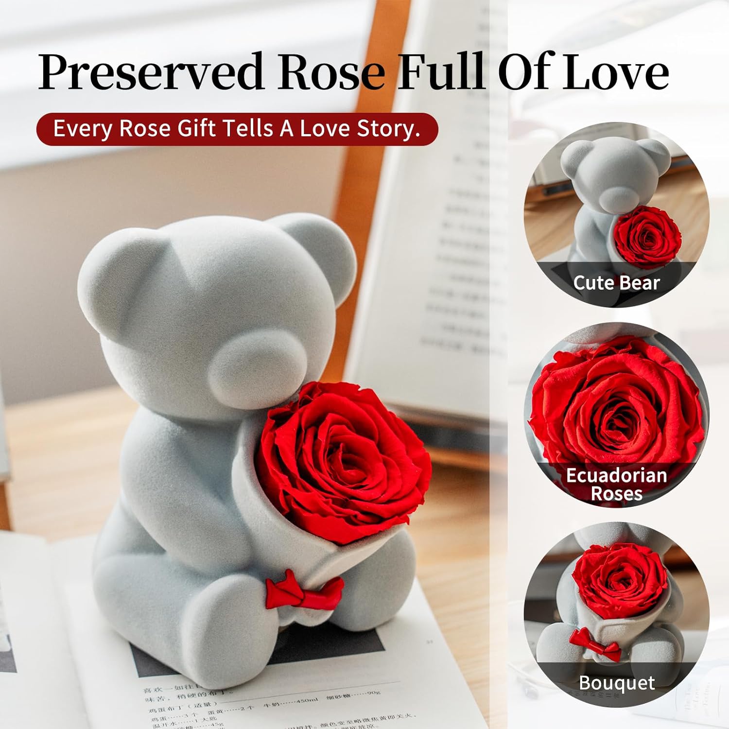 SEEROSE Preserved Roses with Cute Bear, Real Eternal Roses Lasting for Years, Flower Gift for Her, Wife, Women, Girlfriend, Valentine's Day, Mother's Day, Wedding, Anniversary (Sitting Bear, Red) - Image 3