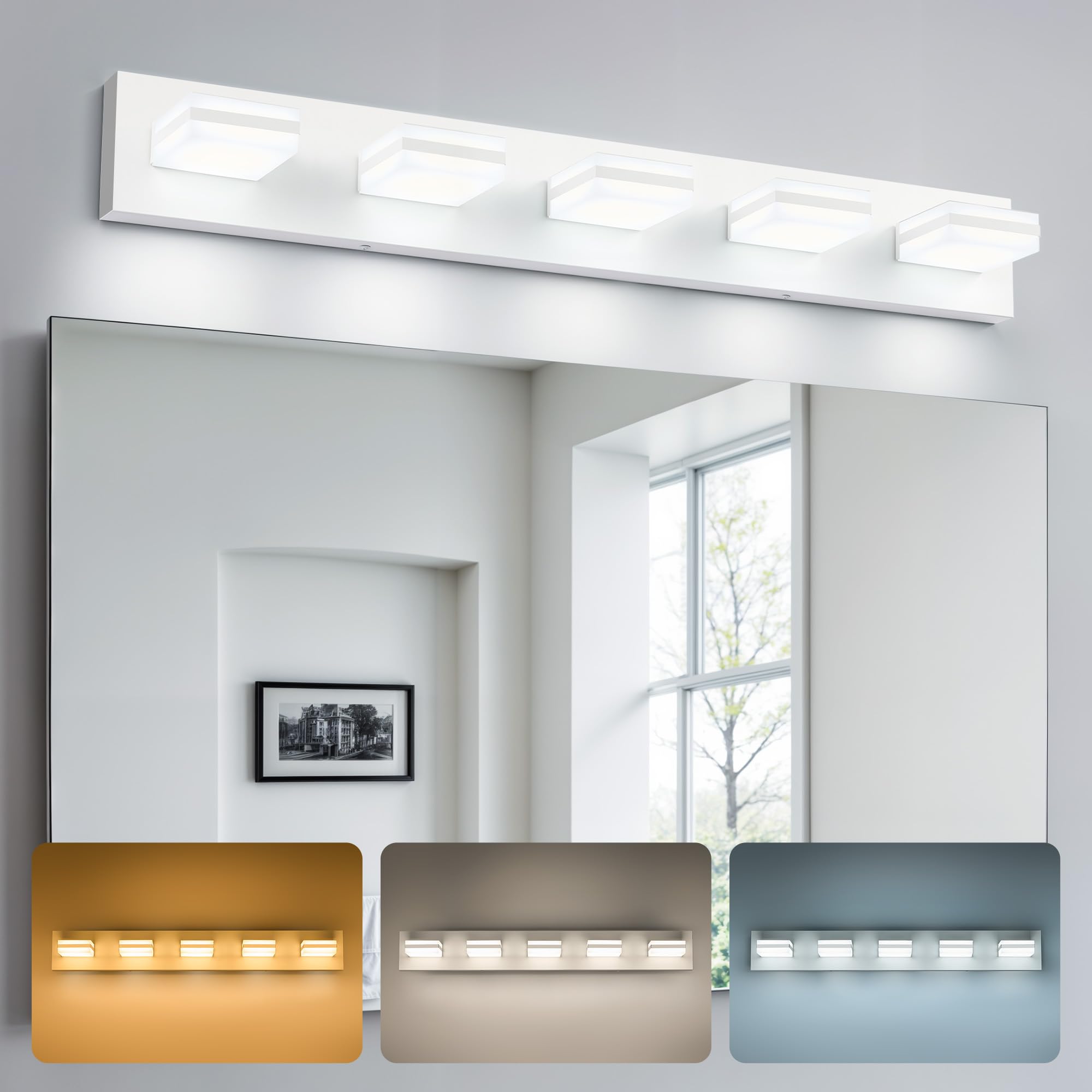 VONLUCE Bathroom Vanity Light Fixture, 5-Light Modern LED Vanity Light, 3CCT Adjustable Bathroom Lights with Memory Function Rotatable Shades, 34" Wall Lighting Fixture Over Mirror, Matte White