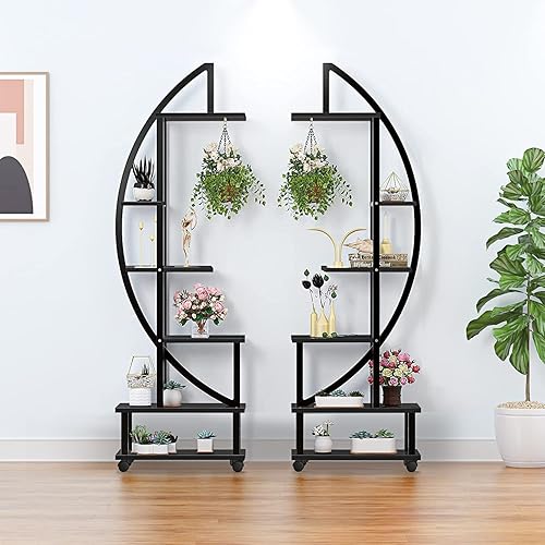 Miniatura 10 de 2 soportes de metal de 6 niveles altos para plantas de interior con ruedas desmontables, soporte para plantas para espacios exteriores con lazo