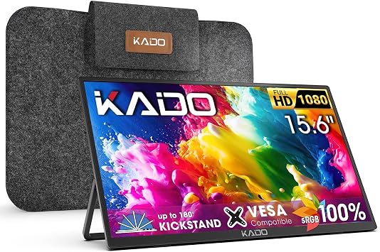 Kado Portable Monitor 15.6 Ultra-Slim 100% sRGB 1080p IPS Second Display | 180 Kickstand Laptop Monitor 1920x1080, Carrying Case for PC, Mac, Phone, Dex, Xbox, PS5, USB-C & HDMI Connectivity