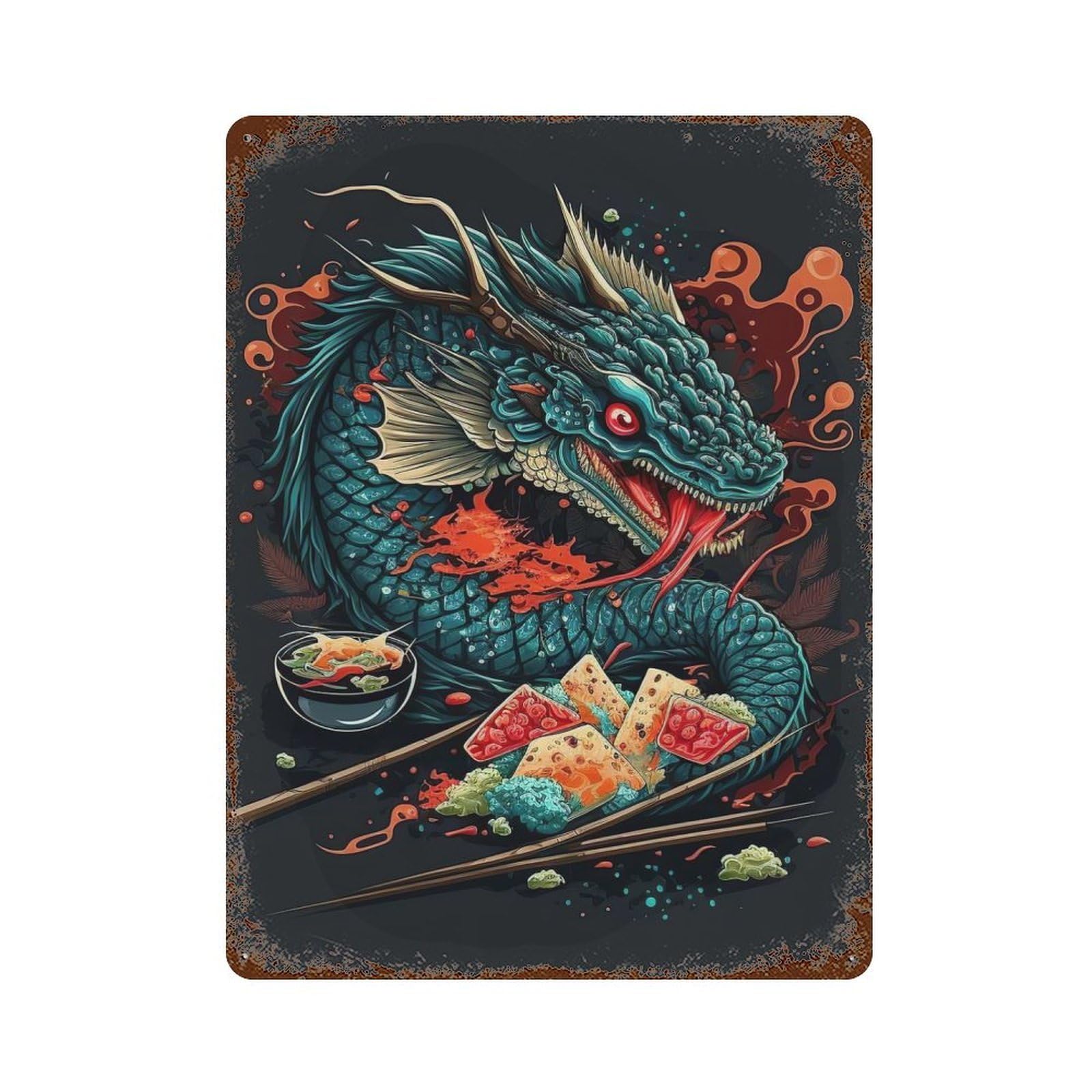 Rust Effect Great Sushi Dragon Rustic Tin Plaque 15.7"x11.8", Decorative Metal Wall Art for Farmhouse, Kitchen And Entryway Decor