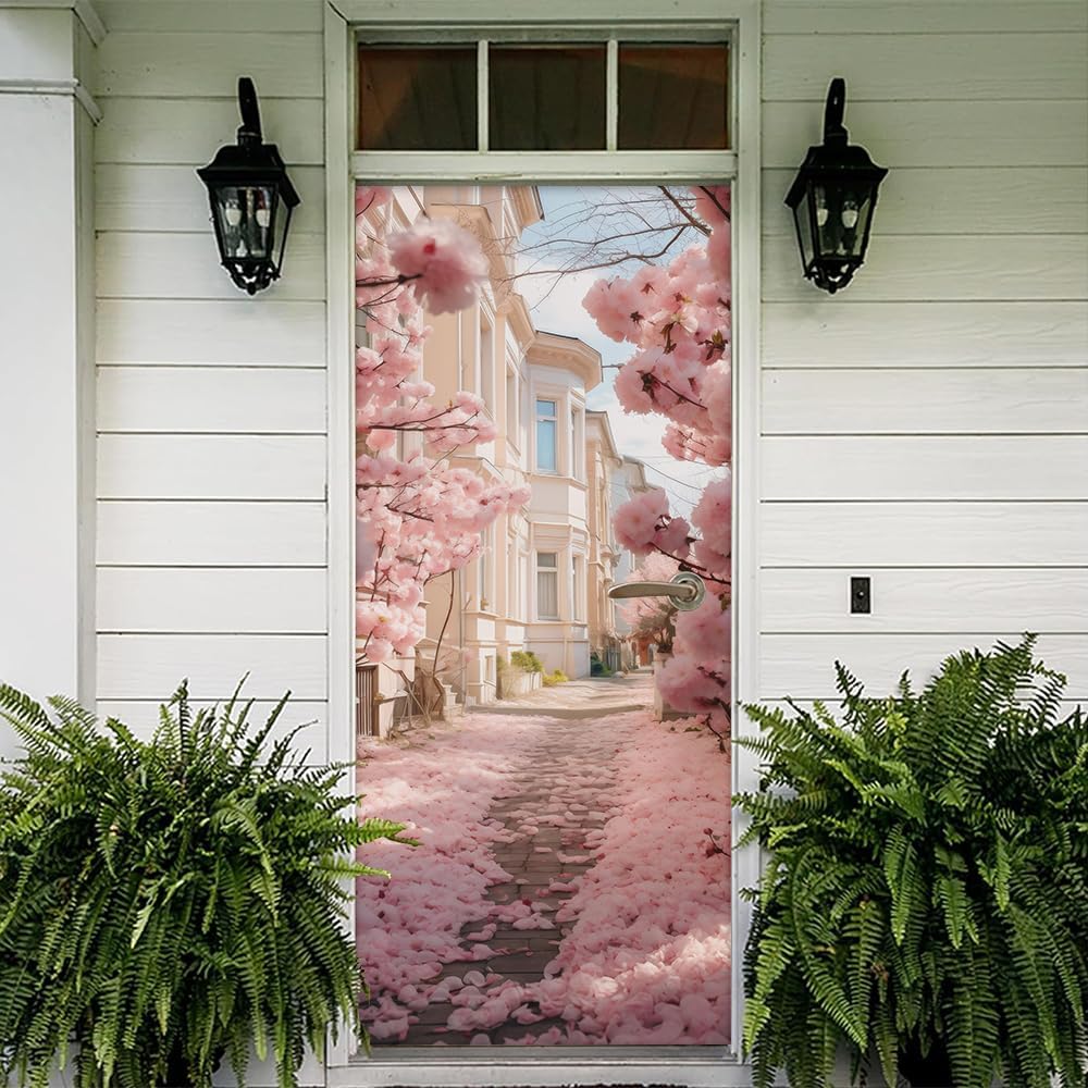 REDAMANCY Pink Cherry Flower Blossom Pathway Landscape Peel and Stick Door Stickers Vinyl 3D Door Mural Decals Decor Wallpaper Self-Adhesive, Waterproof, Removable