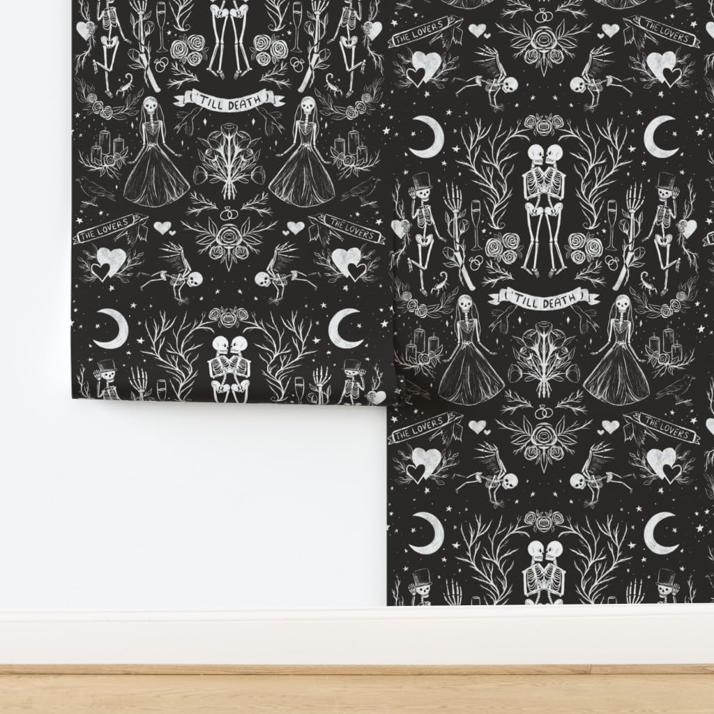 Spoonflower Peel & Stick Wallpaper 3ft x 2ft - Death Gothic Halloween Black White Skeletons Wedding Lovers Groom Dark Custom Removable Wallpaper