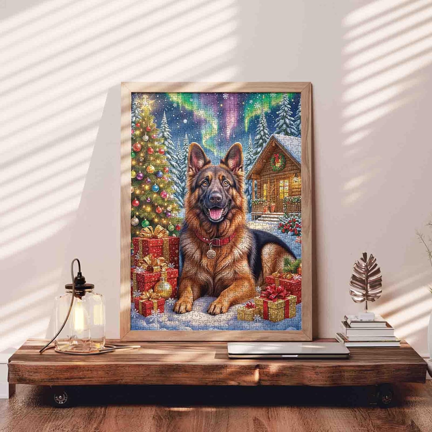 German Shepherd Dog 1000 Piece Jigsaw Puzzles for Adults Beginners Snow Scene Christmas Tree Puzzles Aurora Borealis Puzzle Challenging Family Activity Games for Home Decor Gifts 20x27 Inches