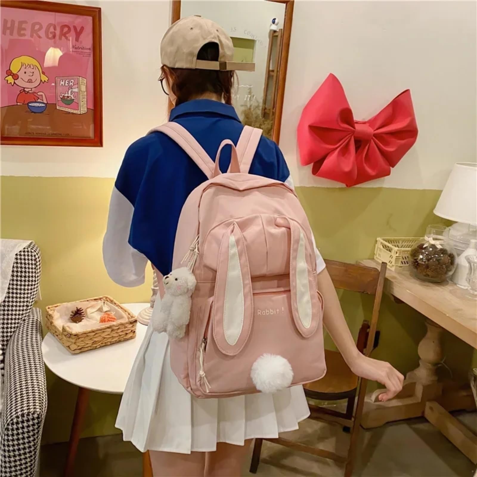 Mochila Linda De Nylon Oreja Conejo, Escolar Dibujos Animados Gran Capacidad Kawaii para El Uso Diario Viajes Las Niñas-Blue