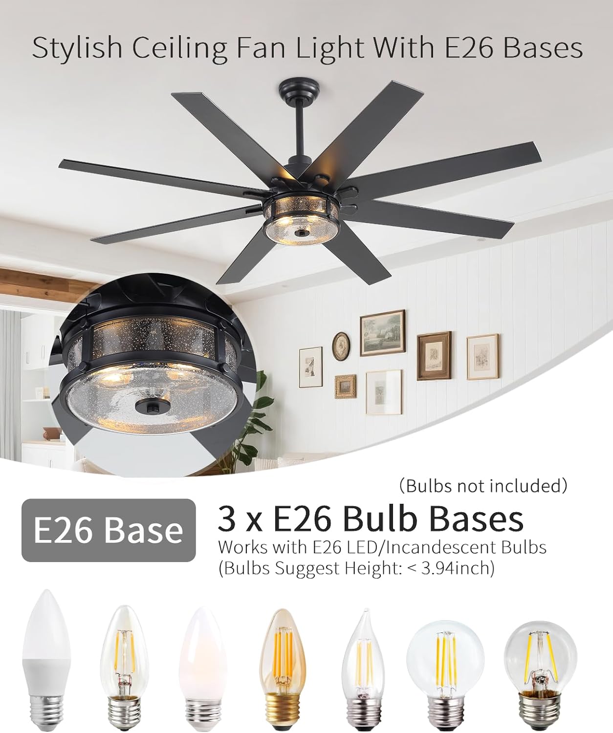 FELCO 65 Inch Ceiling Fans with Lights and Remote, Farmhouse Ceiling Fan with Light, 6 Speed Quiet DC Motor Reversible, 8 Dual-Finish Blades, E26 Bases, 6"/12" Downrods for Indoor/Covered Outdoor