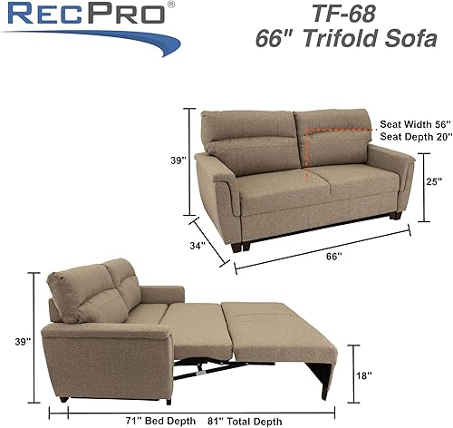Miniatura 2 de RecPro Sofá cama RV Trifold de 68 pulgadas RV Loveseat  Sofá cama cama  Muebles RV  Sofá RV  Sofá RV (Putty)