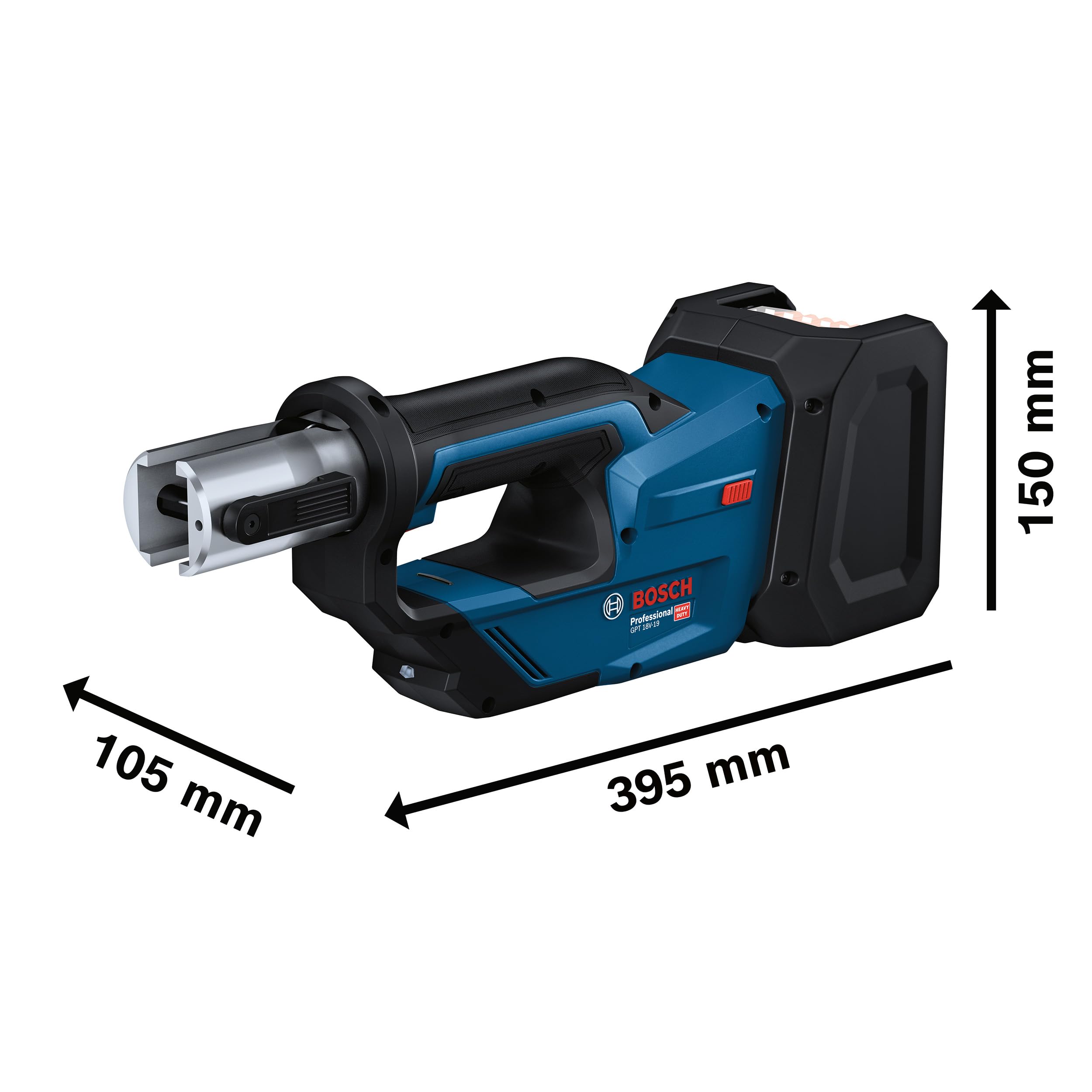 Bosch Professional 18V System Akku Presswerkzeug GPT 18V-19 (19 kN Kraft, um 360° drehbarer Kopf, inkl. Pressbacke Comp. SV15, SV22, SV28, L-BOXX)