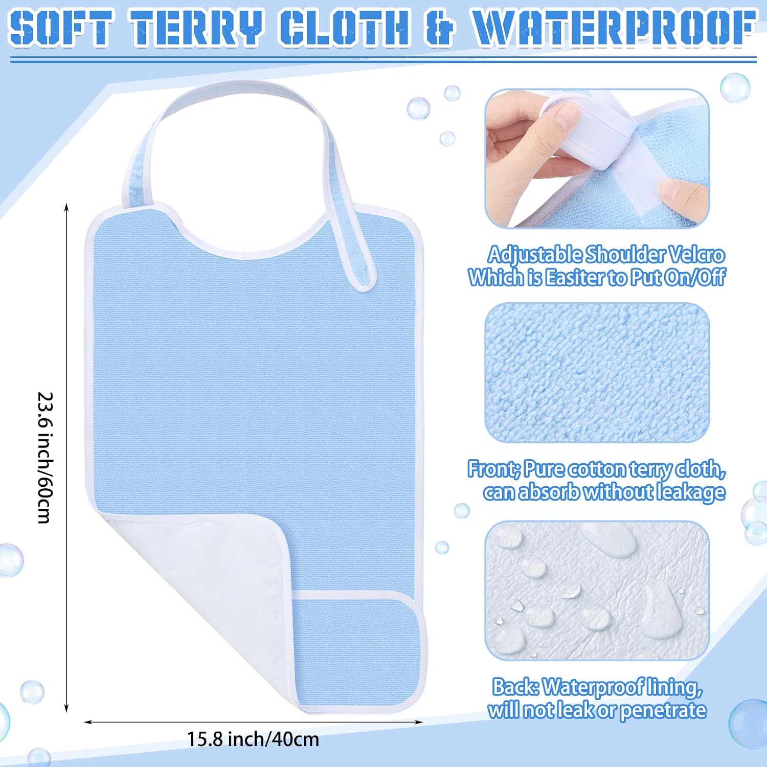 Threlaco 3 Pack Unisex Adults Bib for Seniors Elderly Women Men Waterproof Bib Eating Cloth Adjustable Reusable Clothing Protector with Crumb Catcher and Pocket for Disabled, Machine Washable, Blue