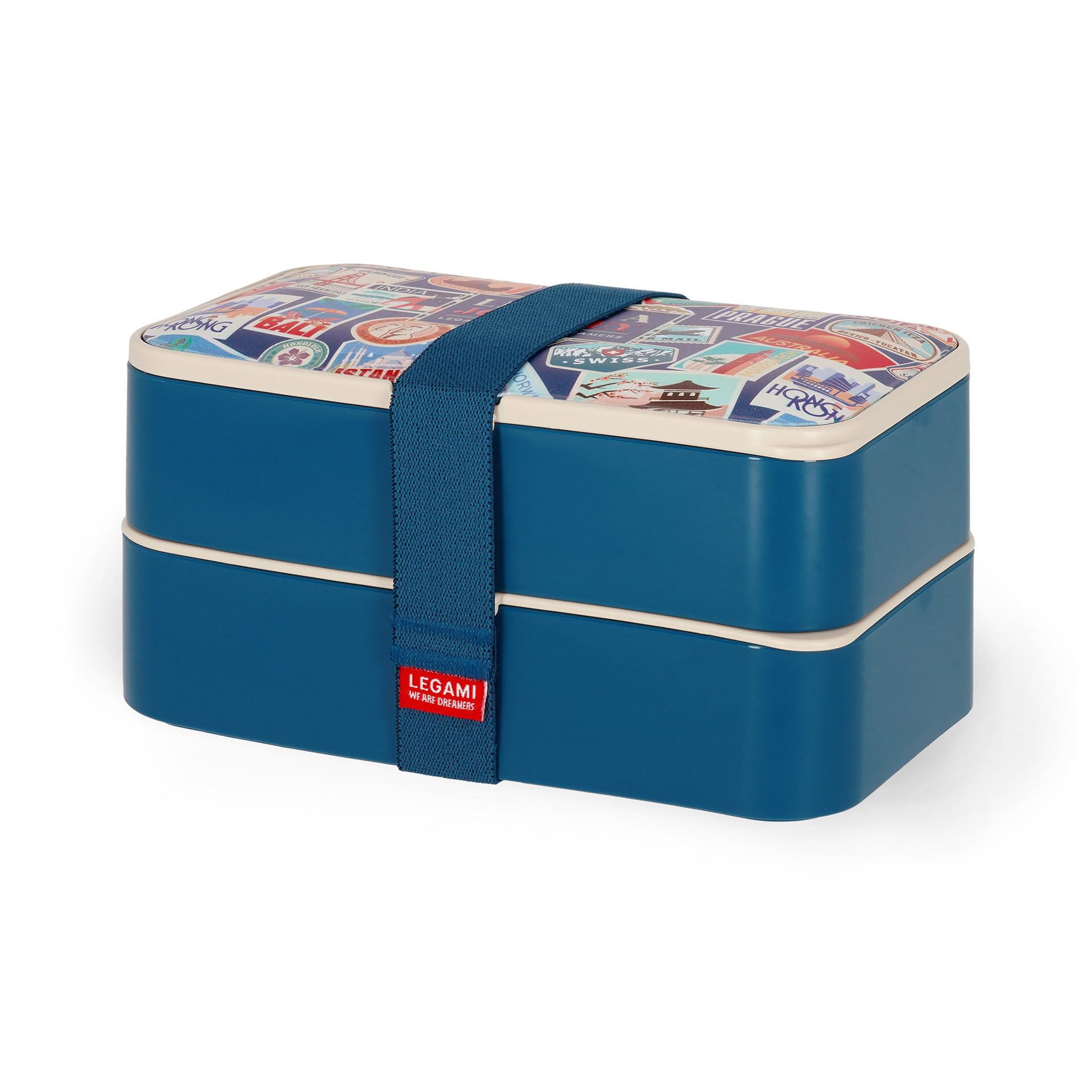 Legami Lunch Box, 3 Pieces of Cutlery Included, Travel Stickers, Container, Capacity 1200ml, Leakproof, Microwave and Dishwasher Safe
