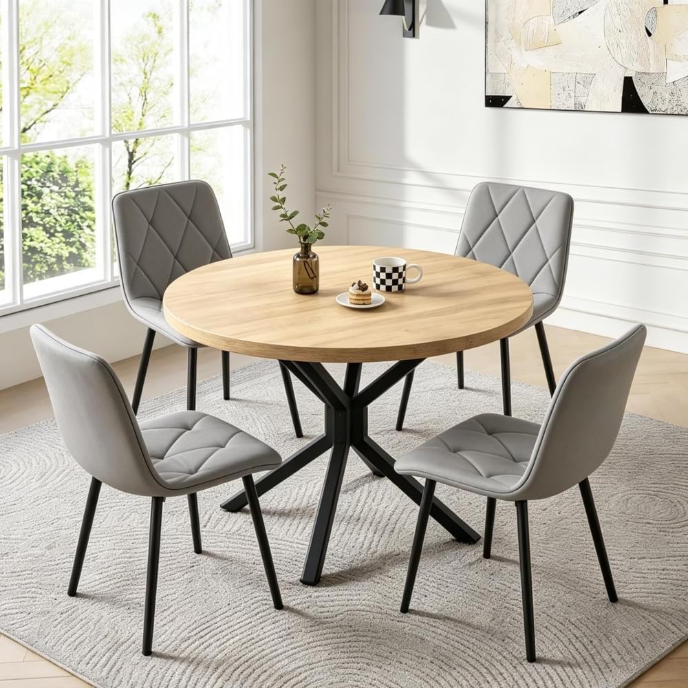 Menaka Round Dining Table and Chairs Set of 4 for Kitchen Diner, 5 Pieces Oak Wood Table with 4 Chairs for Compact Dinette Restaurant (4 argyle grid grey velvet chairs, 95cm Oak Table#2)