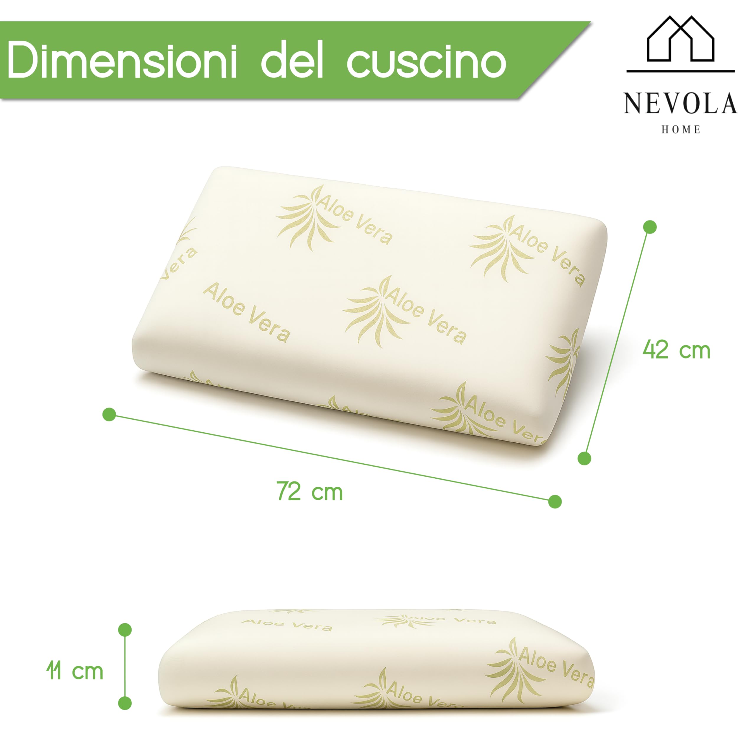 NEVOLA Cuscino Memory Foam Cervicale a Saponetta alto 11 cm - Cuscino per Dormire con Federa Lenitiva in Aloe Vera Rimovibile - Guanciale letto Made in Italy Antibatterico Certificato Oeko Tex