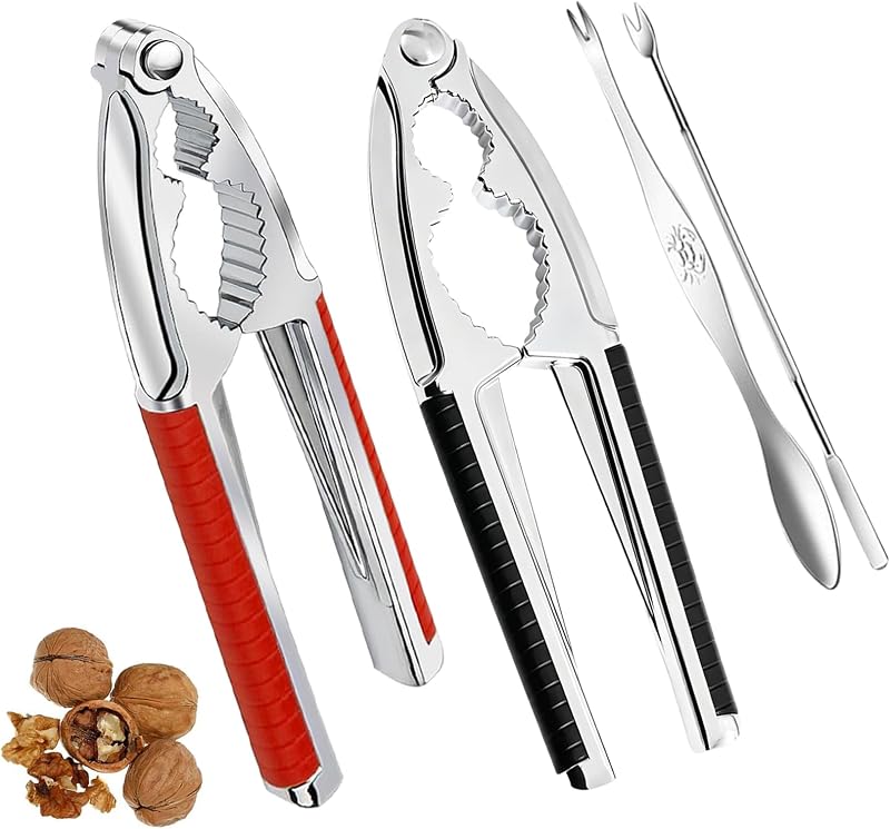 Nut Cracker, 2-Pack Stainless Steel Nutcracker with Non-Slip Handle, for Walnuts, Pecans, Hazelnuts, Pistachio, Lobster & Crab Shells, Multi-Purpose Kitchen & Seafood Tool (Black+Red)