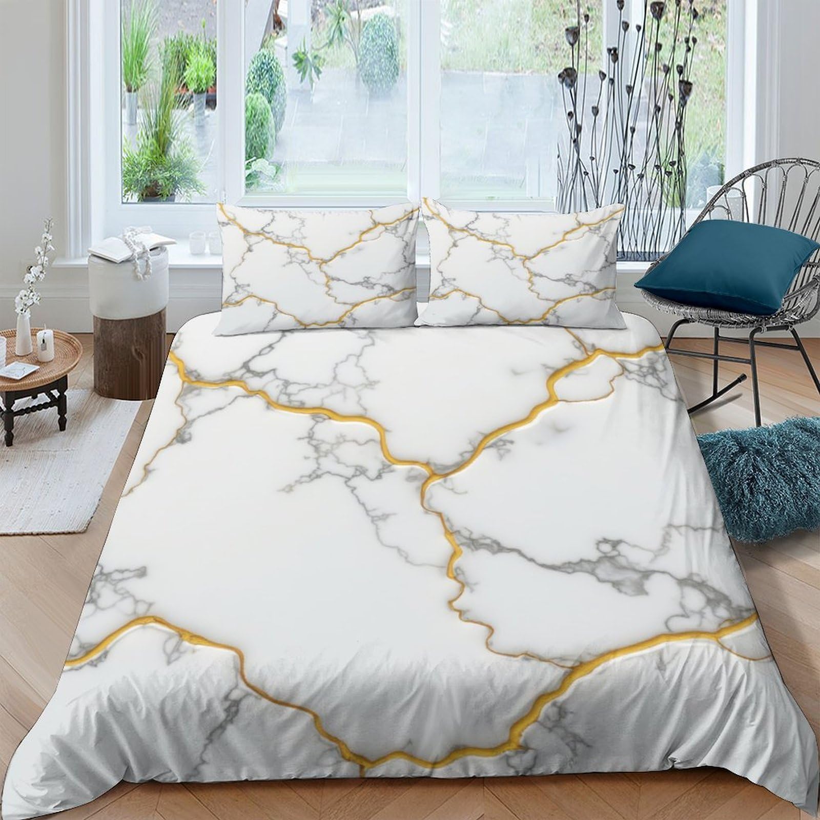 TUFRTGYHN 3D Printed Marble Gold Vein Duvet Cover Set Microfiber Soft Breathable Stone Texture Bedding with 2 Pillowcases for Bedroom Single（135x200cm）
