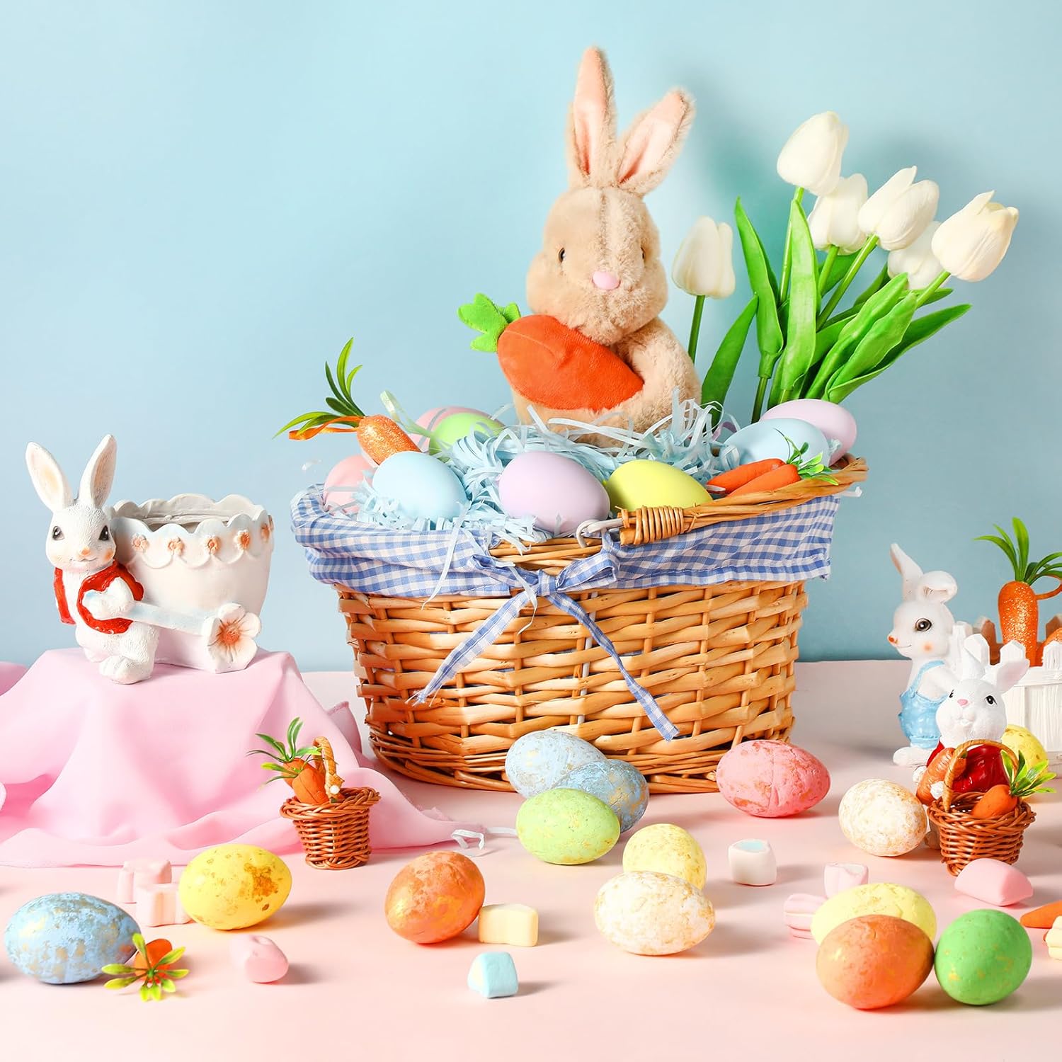 SiliFine Easter Bunny Gift Basket, Include Wicker Basket with Liner Gingham, Easter Plush Bunny Rabbit, Easter Eggs, Raffia Paper Grass, Easter Gifts for Picnic Party Decoration(Blue)