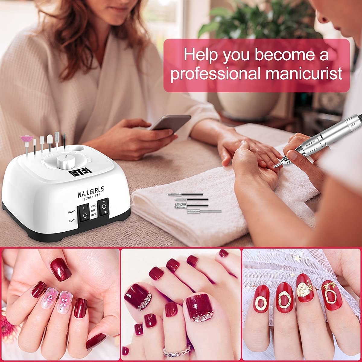 NAILGIRLS Fresa per Unghie Professionale 35000RPM, Fresa Unghie, Lima Per Unghie Elettrica, Lima Unghie Elettrica con LED Intelligente e Modalità Pedale, Portatile per Rimozione Gel/Smalto (Bianco)