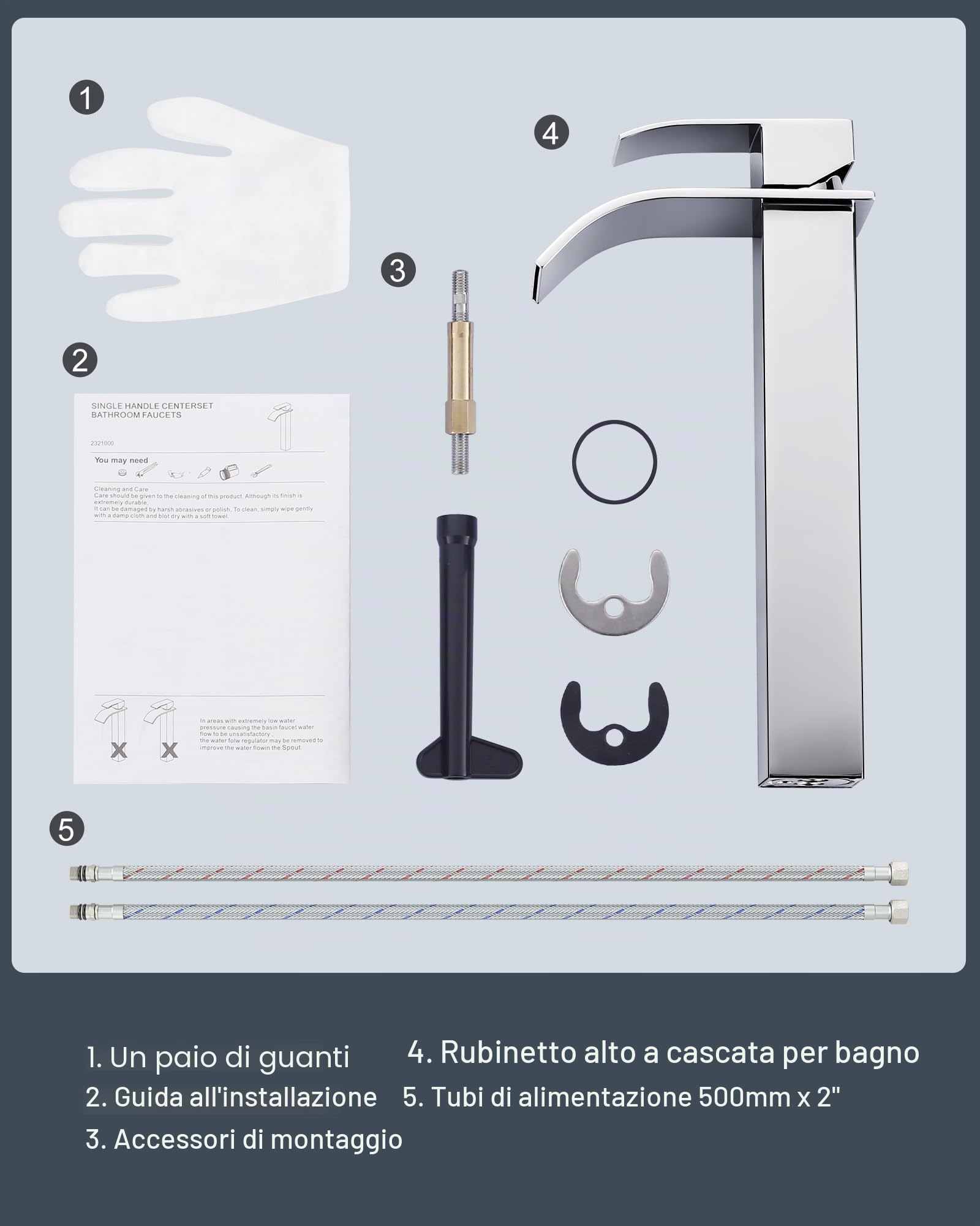 Rubinetto bagno, miscelatore lavabo a cascata in cromo con altezza scarico 224MM, miscelatore monocomando in acciaio inossidabile, rubinetto per lavabo con tubo di collegamento da 60cm