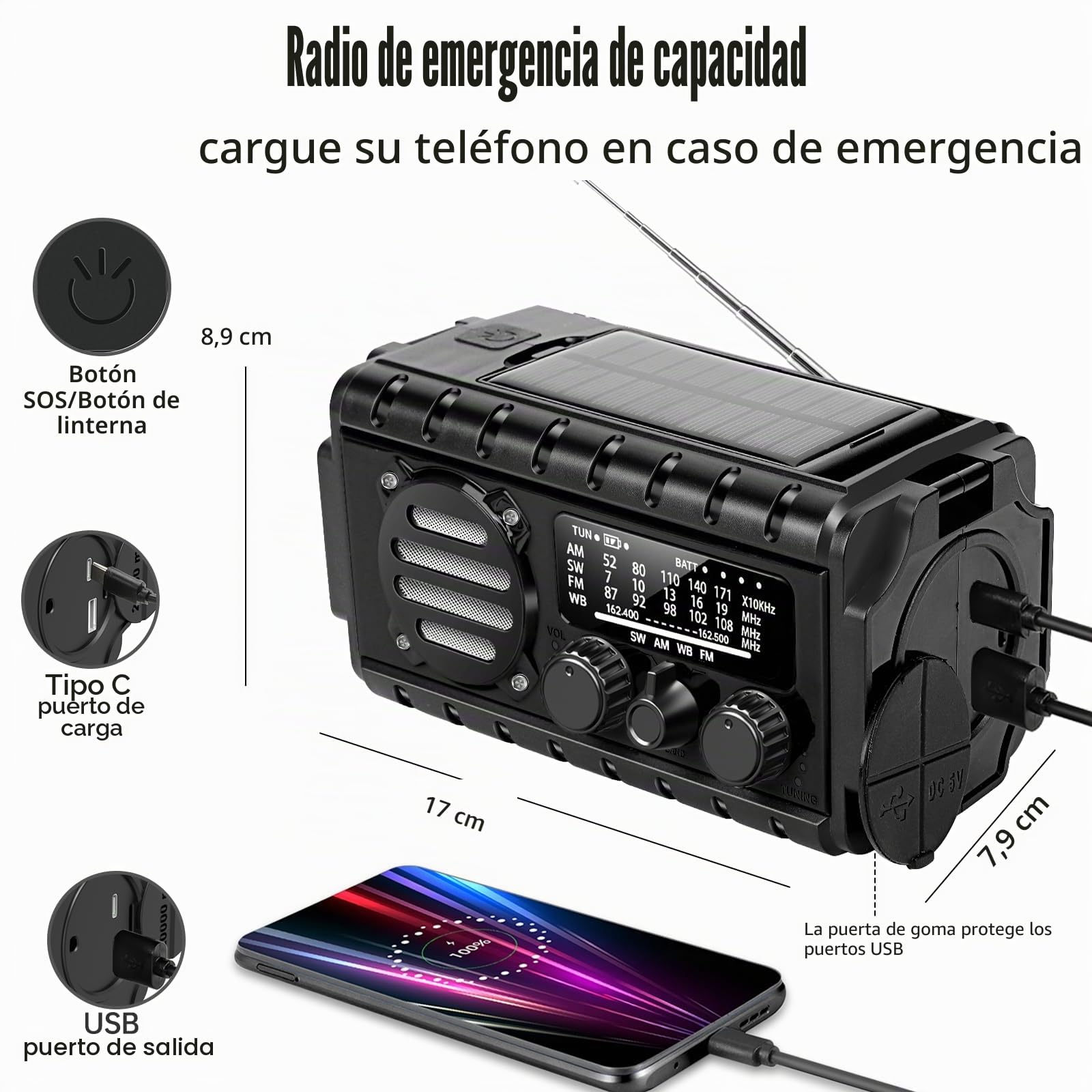 Radio de emergencia de manivela de 20000 mAh, radio meteorológica SW/NOAA