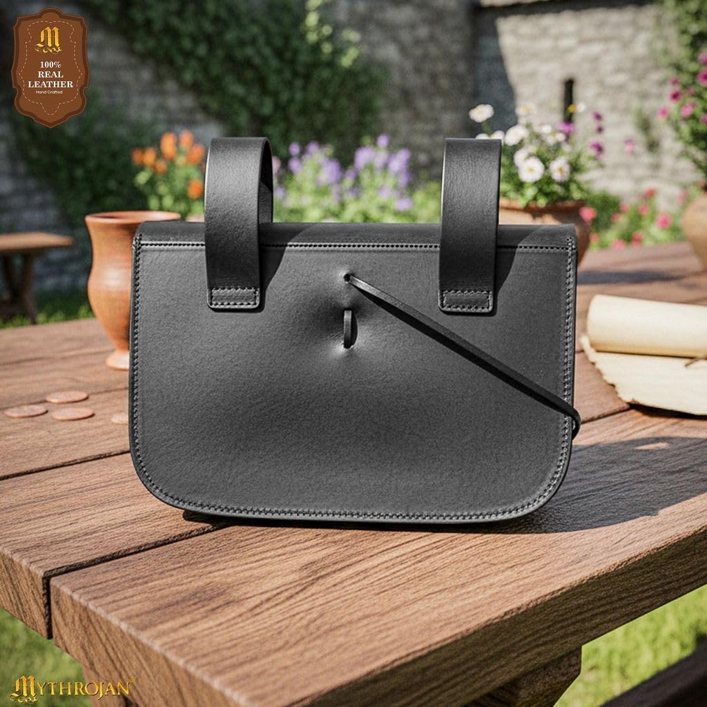 Mythrojan Leather Belt Pouch Viking Leather Purse Vintage Waist Bag Medieval Renaissance LARP Bag Cosplay Costume Accessory for Reenactments, Medieval Events - Black, 9.6” × 6.5” - Image 4