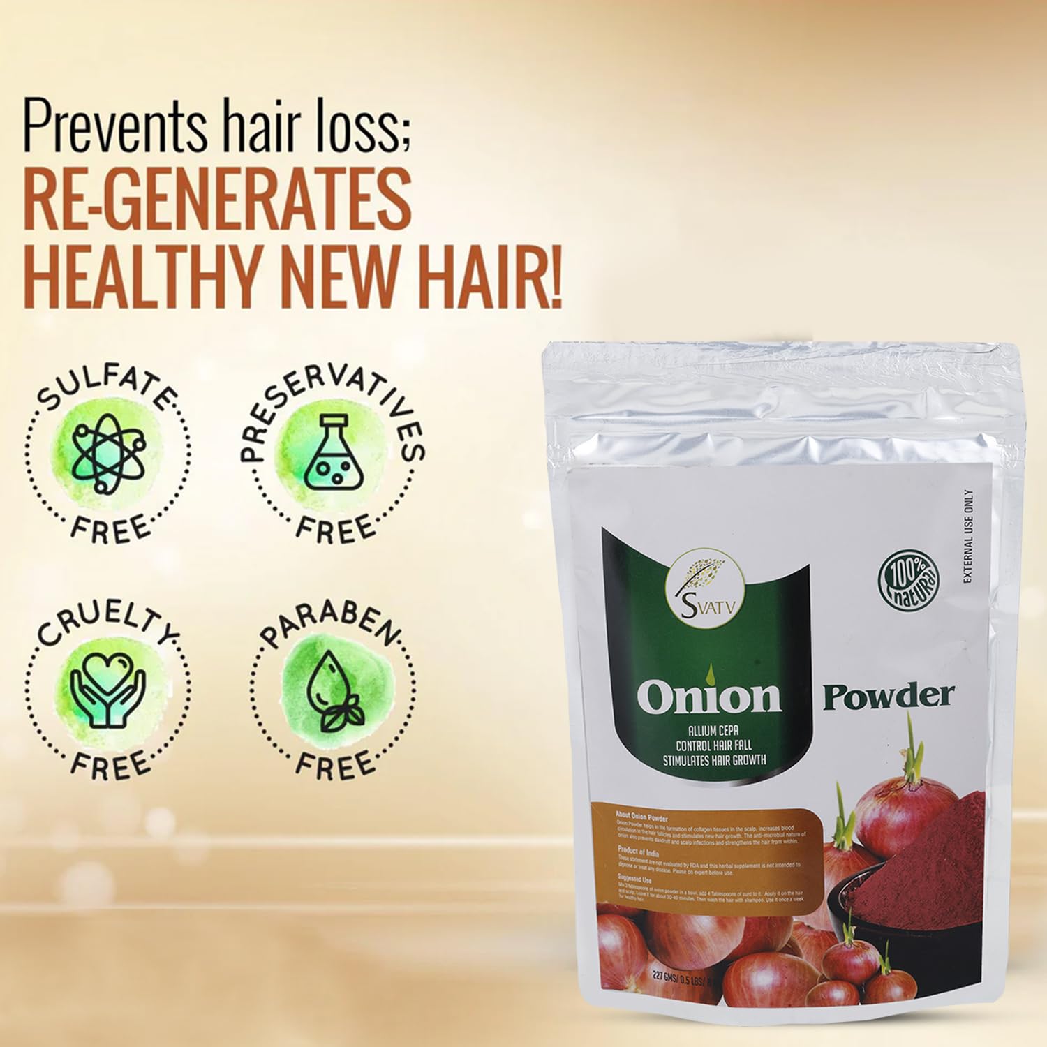 Poudre D'oignon | Onion Powder | Allium Cepa | Apaise Le Cuir Chevelu | Stimule La Croissance De Nouveaux Cheveux | Taille - 227g