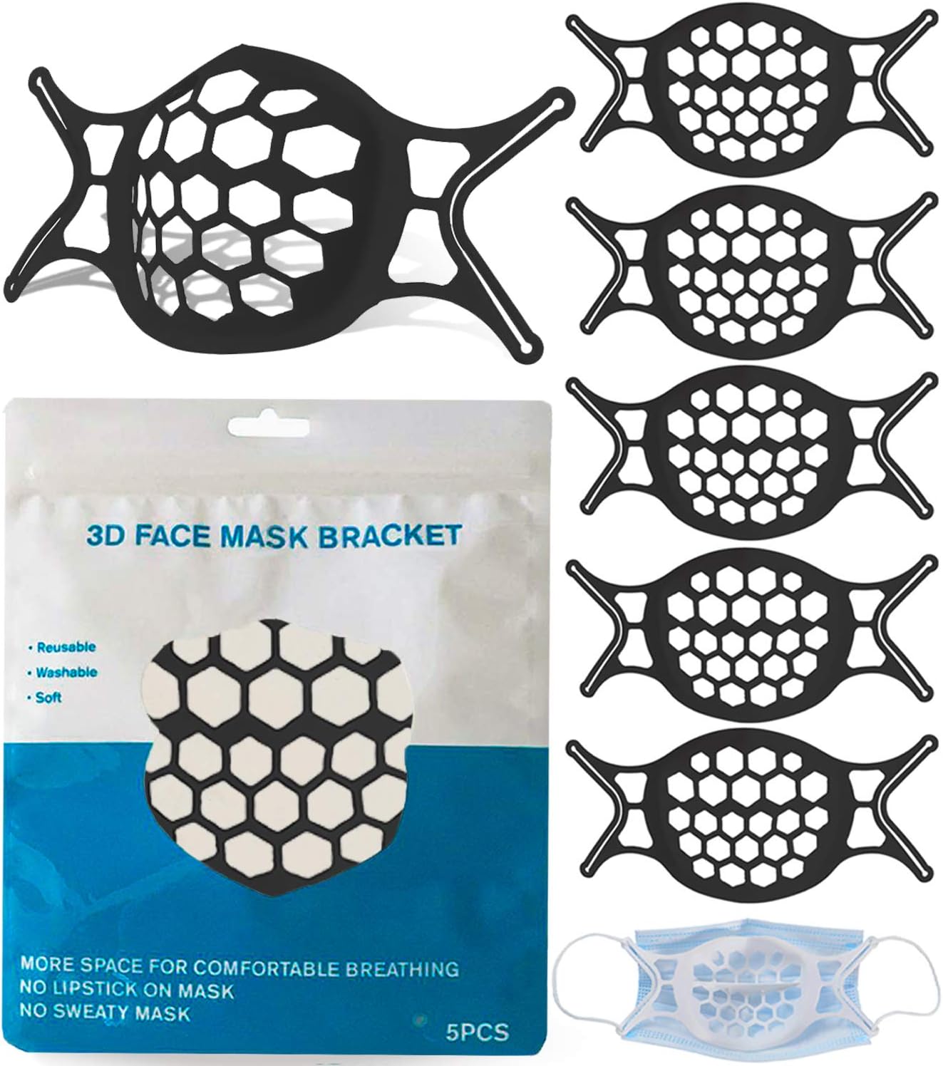 Silicone Face Mask Bracket for Easier Breathing - 3D Support Frame Insert Keeps Fabric off Mouth | Lipstick & Makeup Protector | Cool Breathable Inner Holder Cup | Comfortable, Reusable & Washable, 5x
