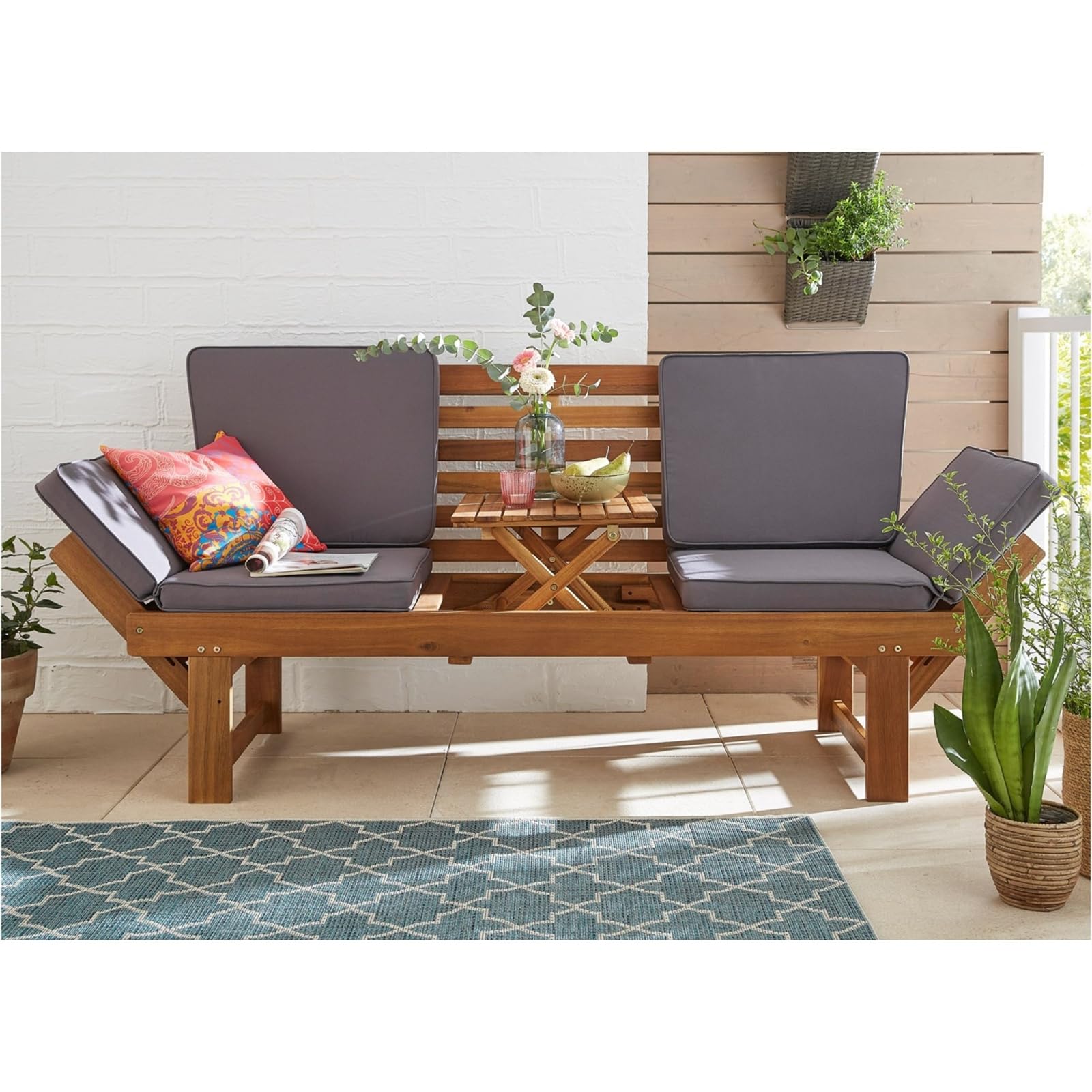DESIGN DELIGHTS Holz GARTENBANK | 202cm, Akazie | Multifunktionsbank, Holzbank mit Polstern, verstellbare Sitzbank, Gartenliege mit integriertem Tisch, Holz Lounge Bank