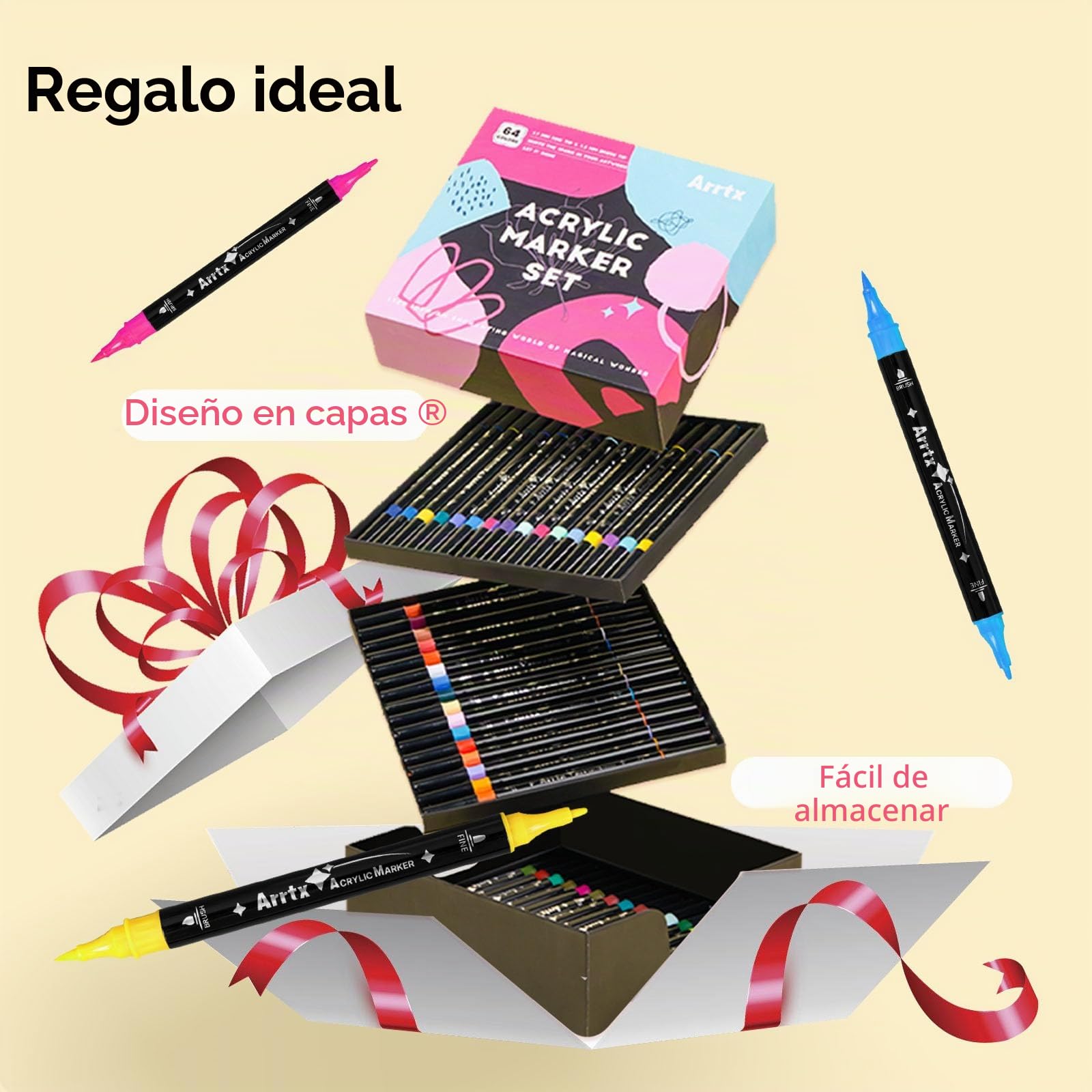 Arrtx 64 rotuladores acrílicos para piedras resistentes al agua, rotuladores acrílicos con punta de pincel y punta fina, rotulador de pintura para pintura de rocas para cerámica, tela, lienzo, madera
