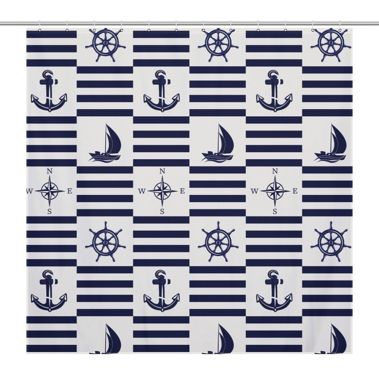 BenYaSong Nautical Anchors Shower Curtain, Rigging Compass Anchor Yacht Striped Polyester Waterproof Cloth Bathroom Curtain with 12 Hooks 55x72Inch（140x183cm）