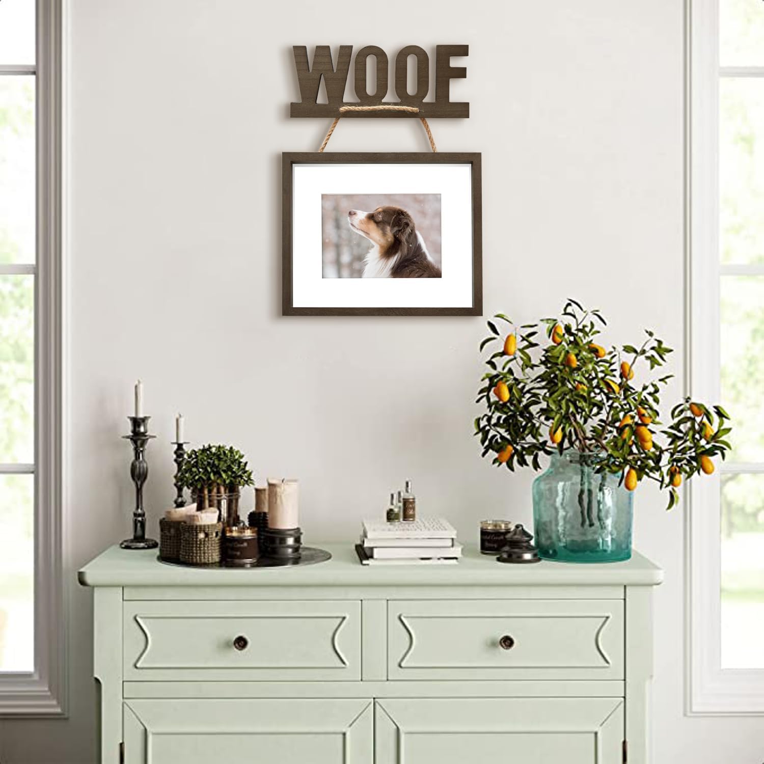 Dog Picture Frame – 11x14 Hanging WOOF Photo Frame with 8x10 Mat, Pet Gift Dog Memorial Picture Frame, Solid Oak Wood Frame with Real Glass & Rustic Rope, Wall Mount Décor