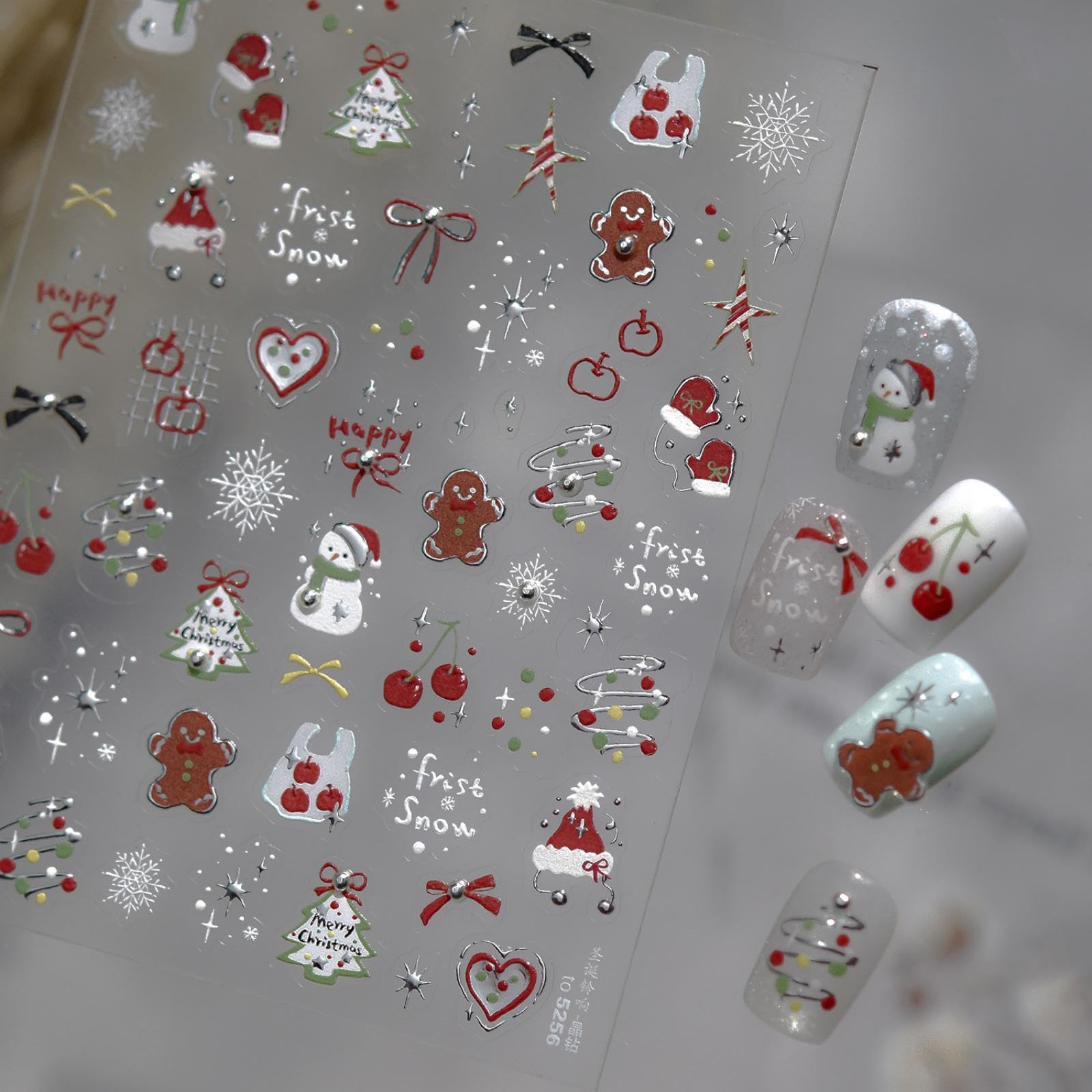 Christmas Nail Stickers 3D Self-Adhesive Santa Claus Snowman Nails Supplies Tree Bow Nails Decals Gingerbread Man Designs 5D Embossed Cute Red Cherry