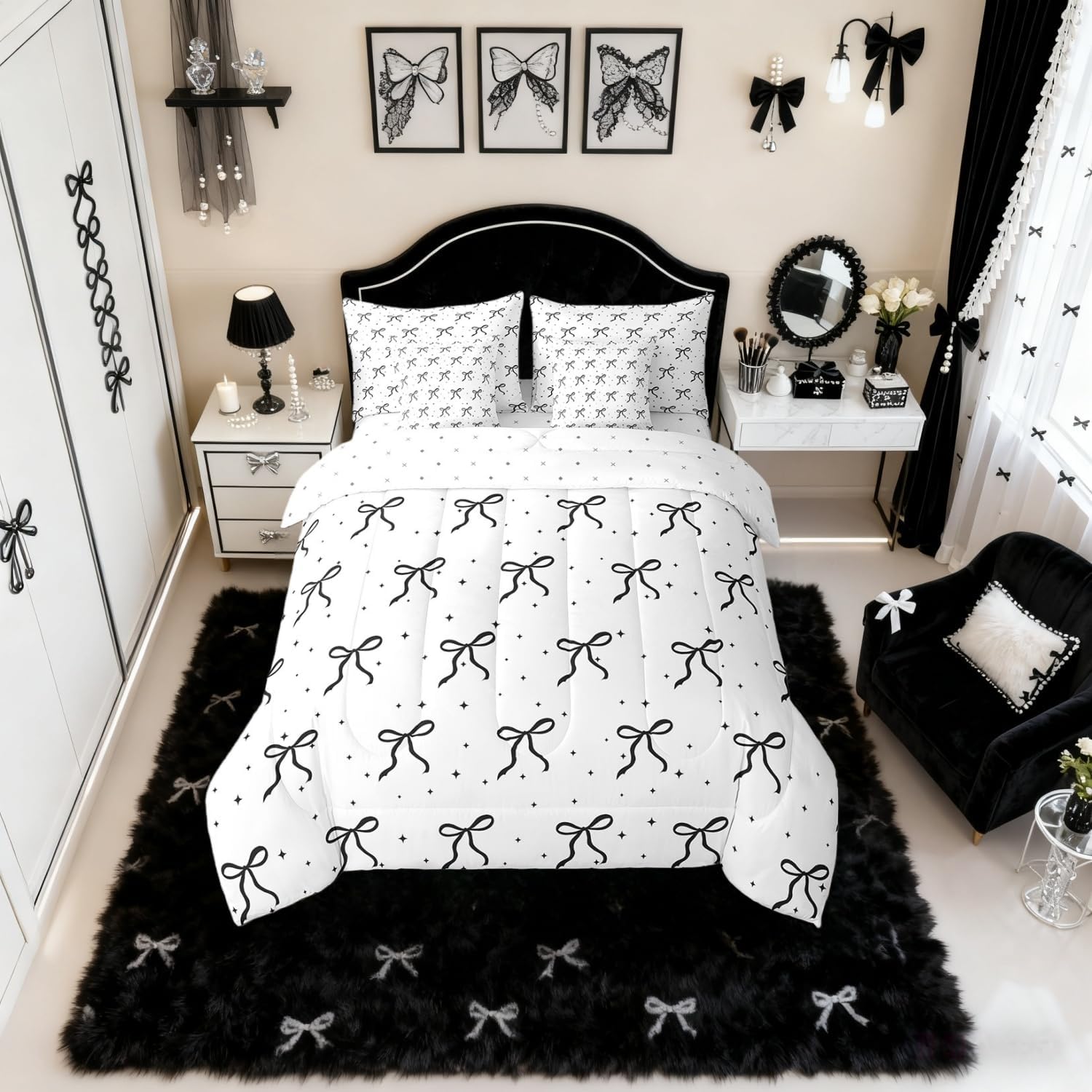 Erosebridal Black and White Bowknot Twin Size Comforter Set with Sheets, Cartoon Bow Bed in A Bag, Dreamy Princess 7 Pcs Bedding Set, Princess Galaxy Stars Bedding Comforter Sets, 2 Pillow Cases