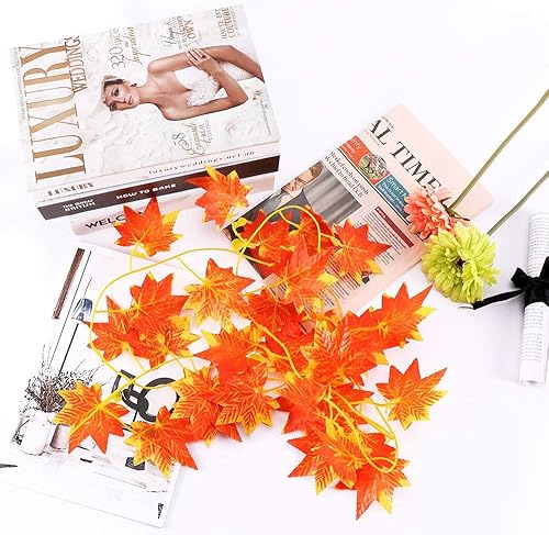 Miniatura 5 de Kalolary Guirnalda de hojas de arce artificiales de otoño de 90 pies, 12 hebras, guirnalda de hojas falsas de otoño, planta colgante para el hogar,