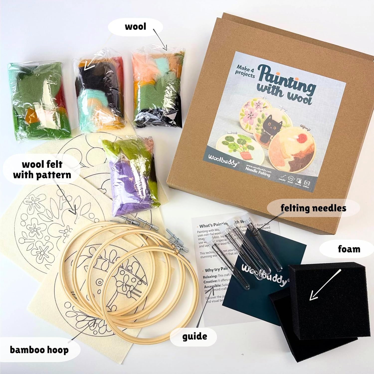 Woolbuddy Kits de iniciación de pintura con lana para manualidades creativas con 3 agujas de fieltro, espuma, fieltro de lana natural e instrucciones útiles (combinado)