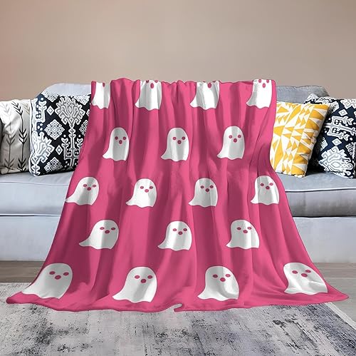 Miniatura 7 de Bonita manta de fantasma rosa de Halloween súper afelpada y suave, manta de Halloween rosa para sofá, cama, manta de fantasma reversible de franela